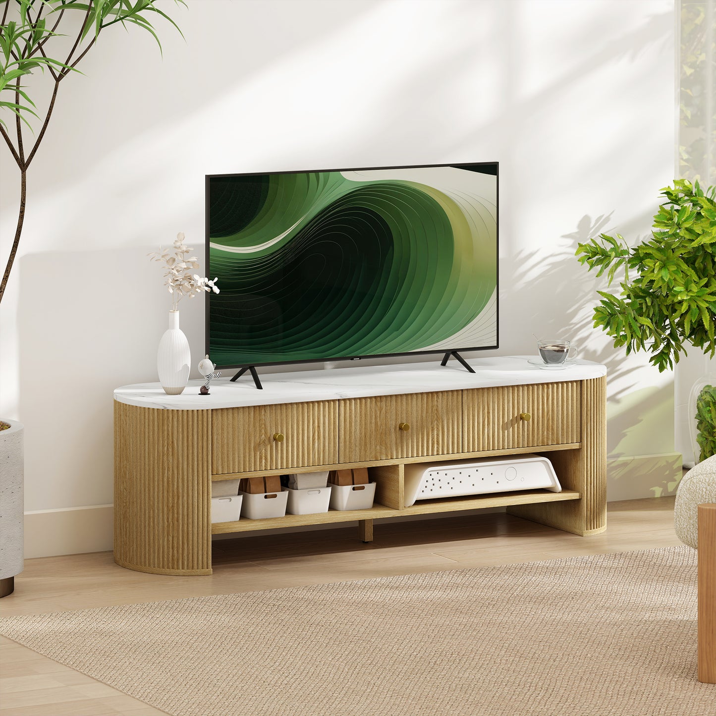 HOMCOM TV Stand, Modern TV Table with Marble-Effect Top, 3 Drawers and 2 Open Shelves for 32-65 Inch Television, Natural