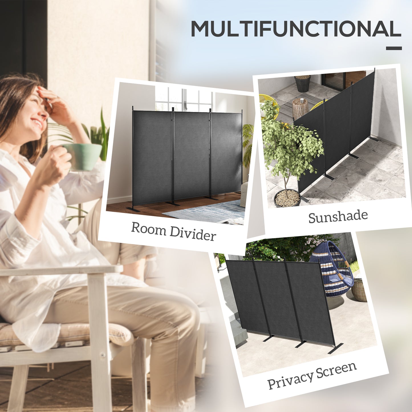Outsunny 3 Panel Folding Outdoor Privacy Screen, 5.8FT Tall Room Divider with UV30+ Protection, Freestanding Privacy Panel Partition with Stable Base for Indoor Outdoor, Dark Grey