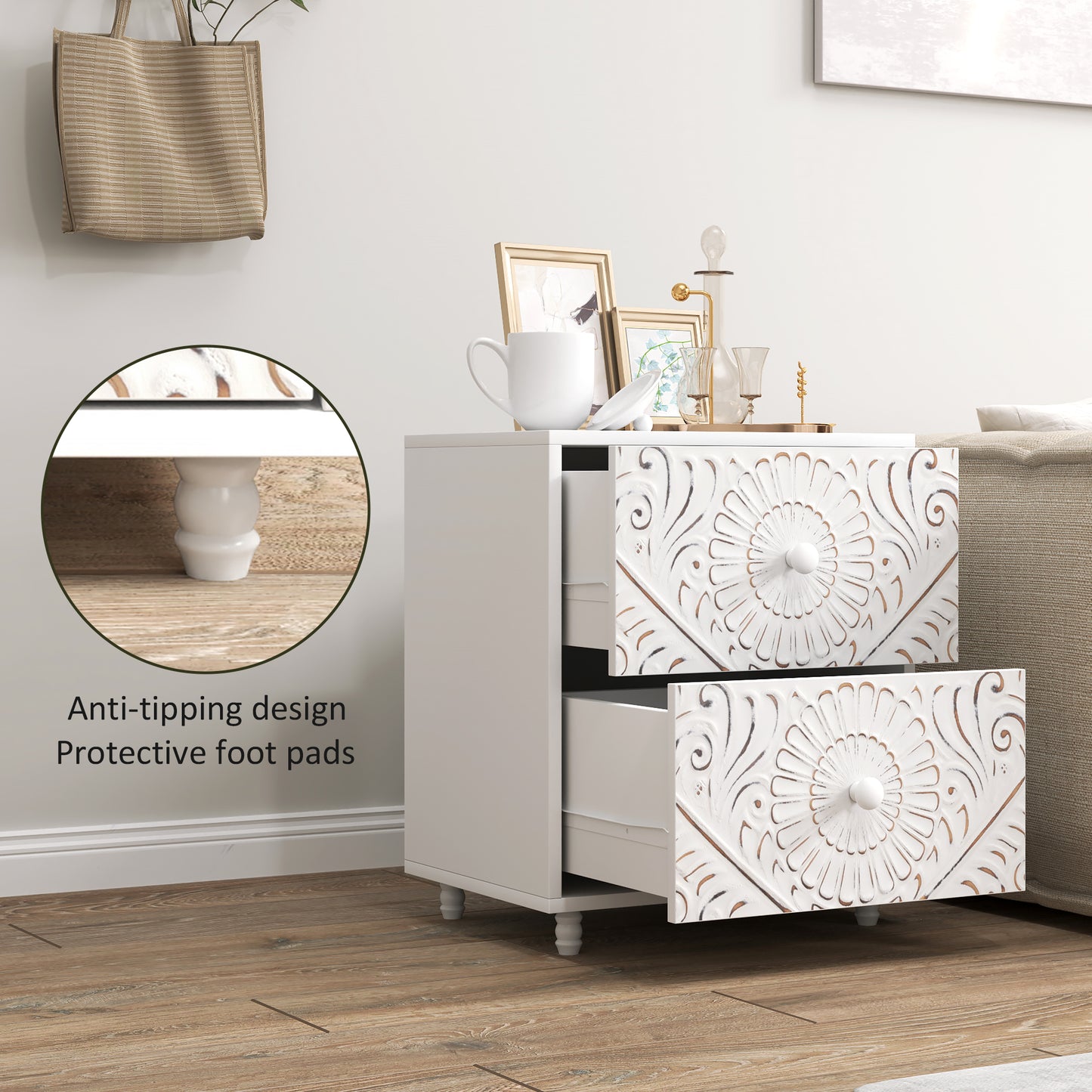 HOMCOM Mid-Century Bedside Table, Nightstand with 2 Drawers, Side End Table for Bedroom, White