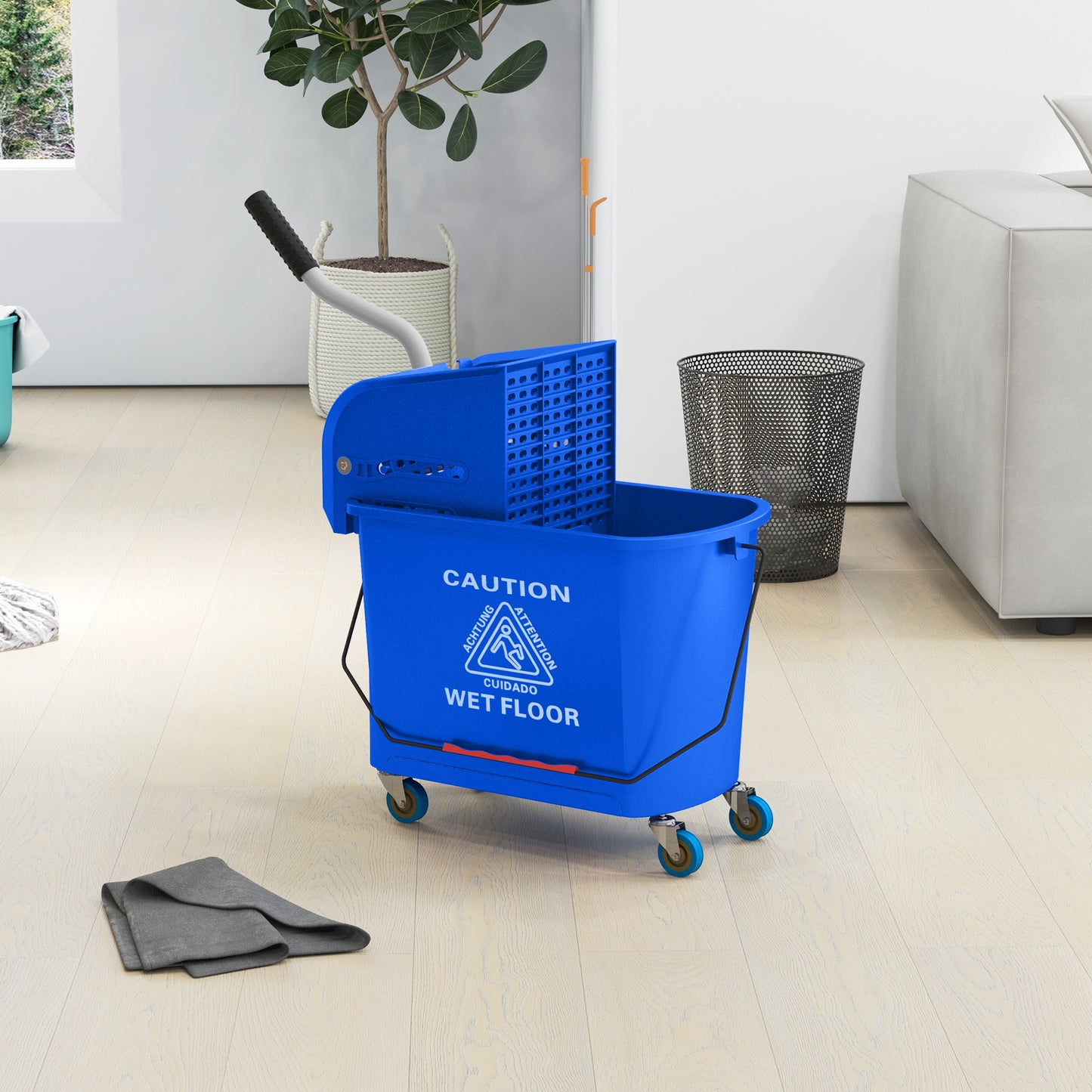 HOMCOM Compact Mop Bucket with Wringer, Mop Bucket on Wheels, 5 Gallon, Separate Dirty and Clean Water, Yellow