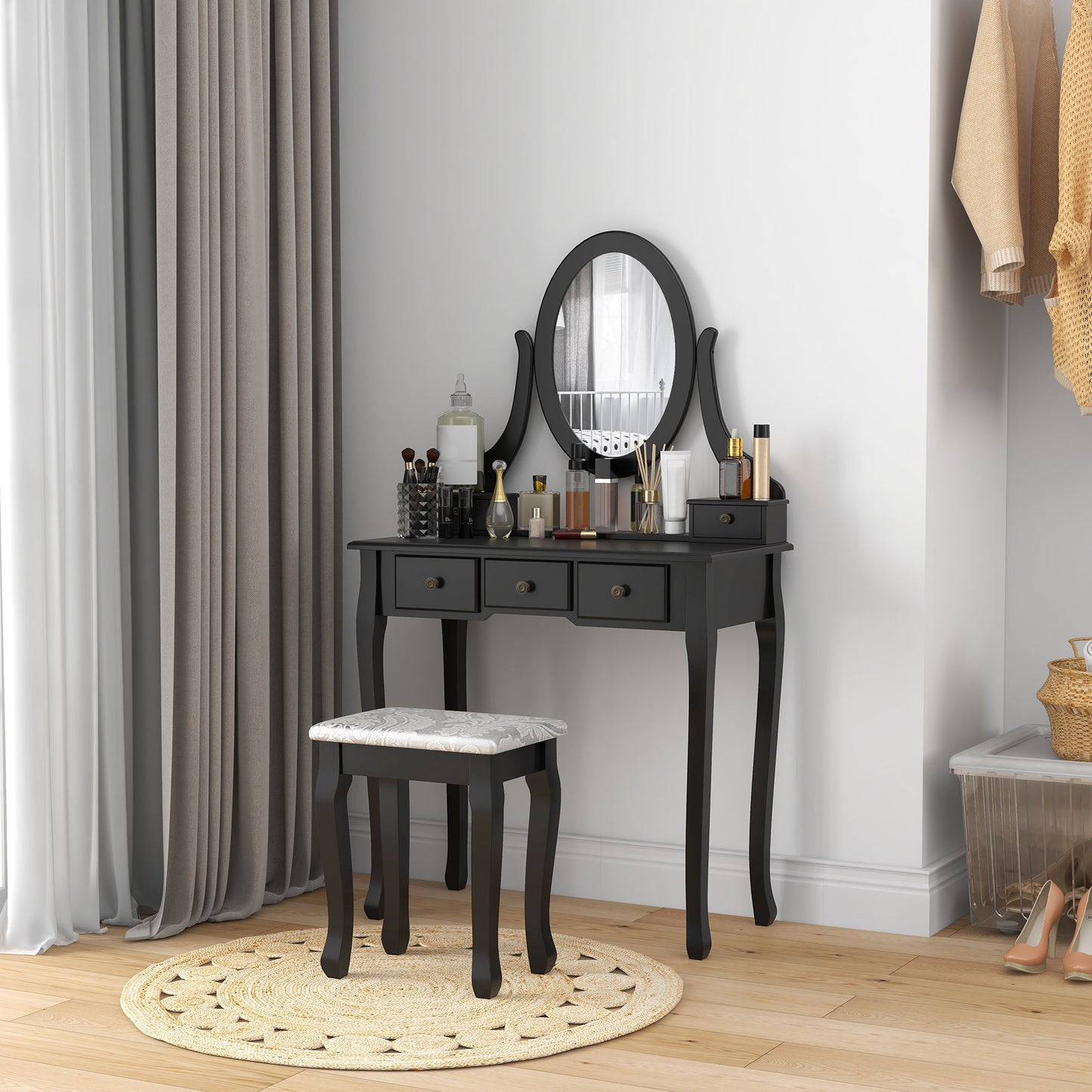 HOMCOM Vanity Desk with Stool, Makeup Vanity with 360° Rotating Oval Mirror, 5 Drawers and Padded Seat, Dressing Table for Bedroom, Black