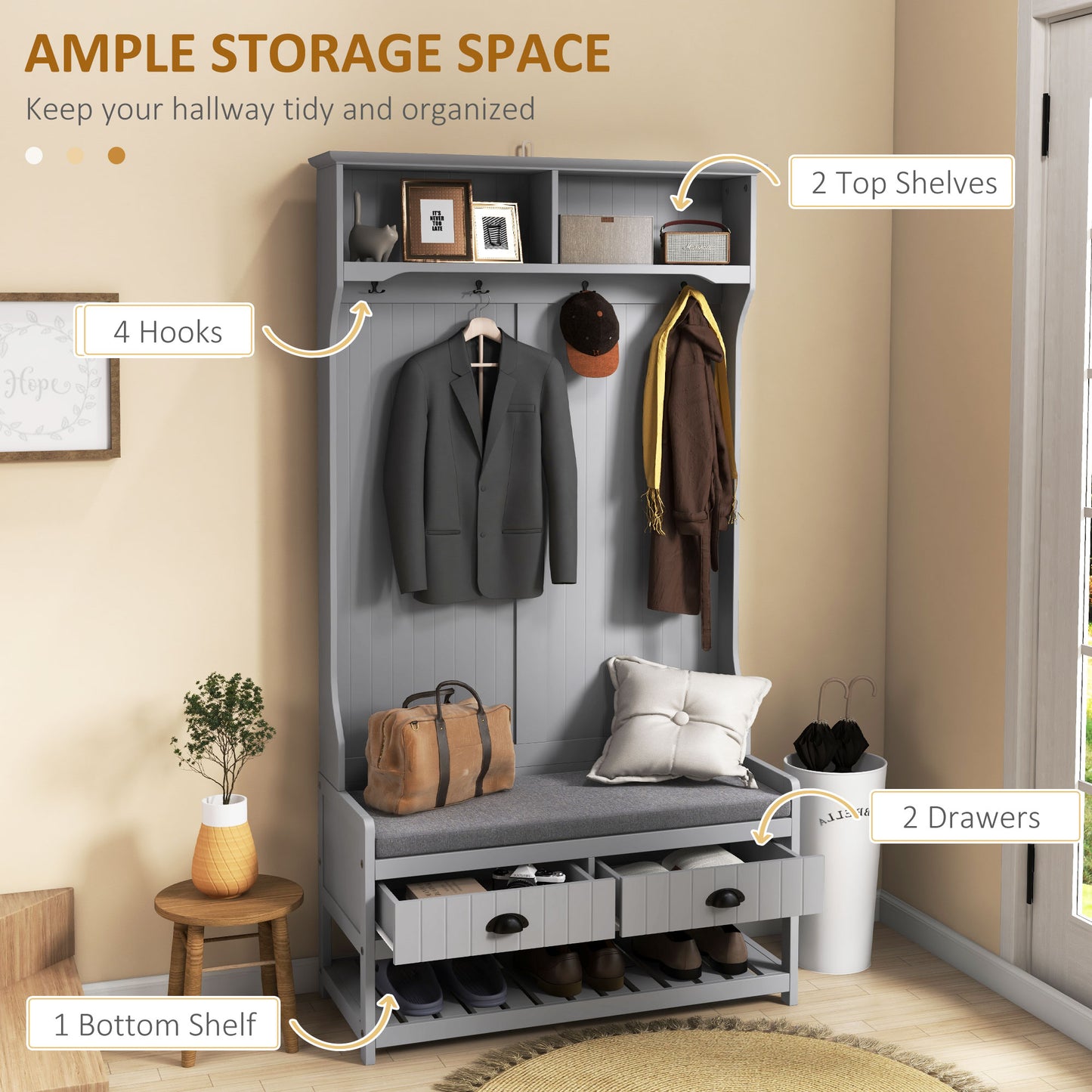 HOMCOM Coat Rack Shoe Bench, Hall Tree with Bench and Shoe Storage, Entryway Bench with 4 Hooks, 2 Drawers, 2 Shelves, Grey