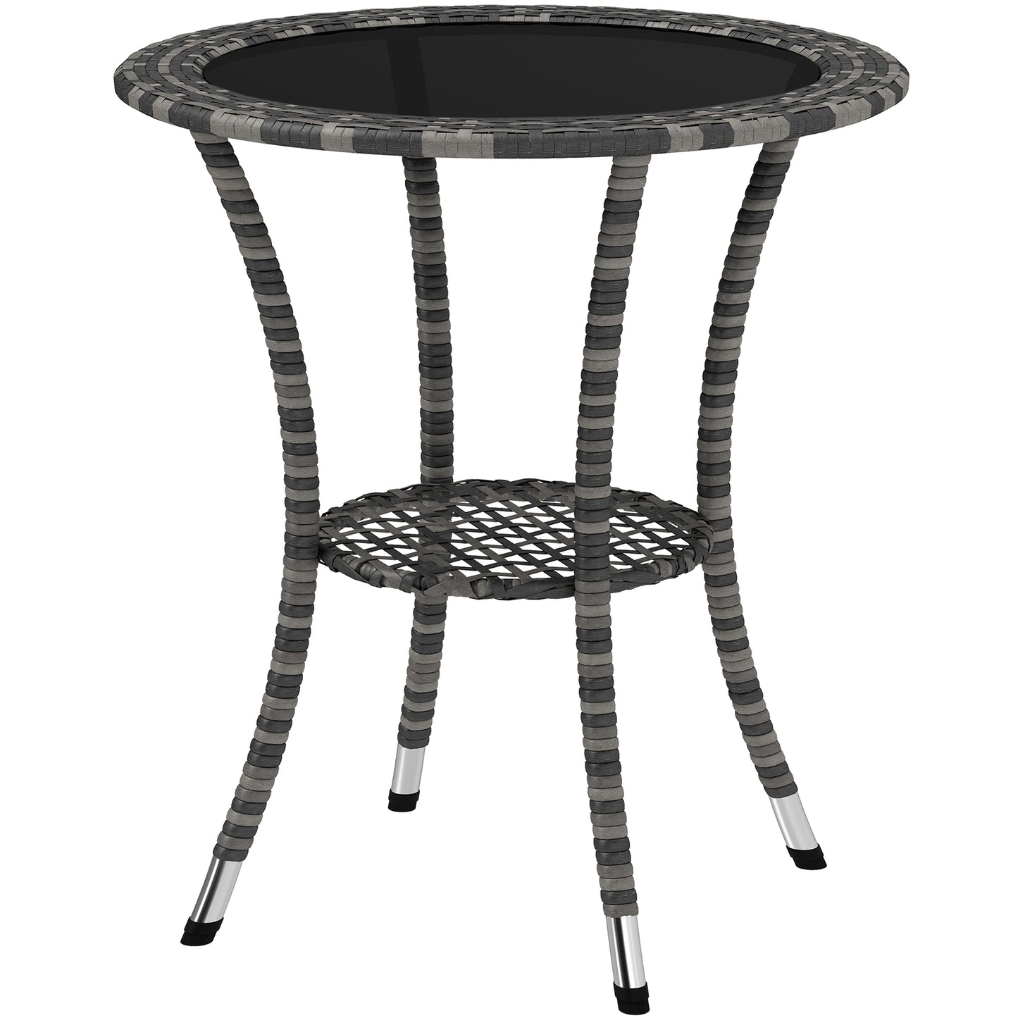 Outsunny Outdoor Rattan Dining Table, Patio Wicker Round Coffee Table with 2-Tier Storage Shelf, Brown