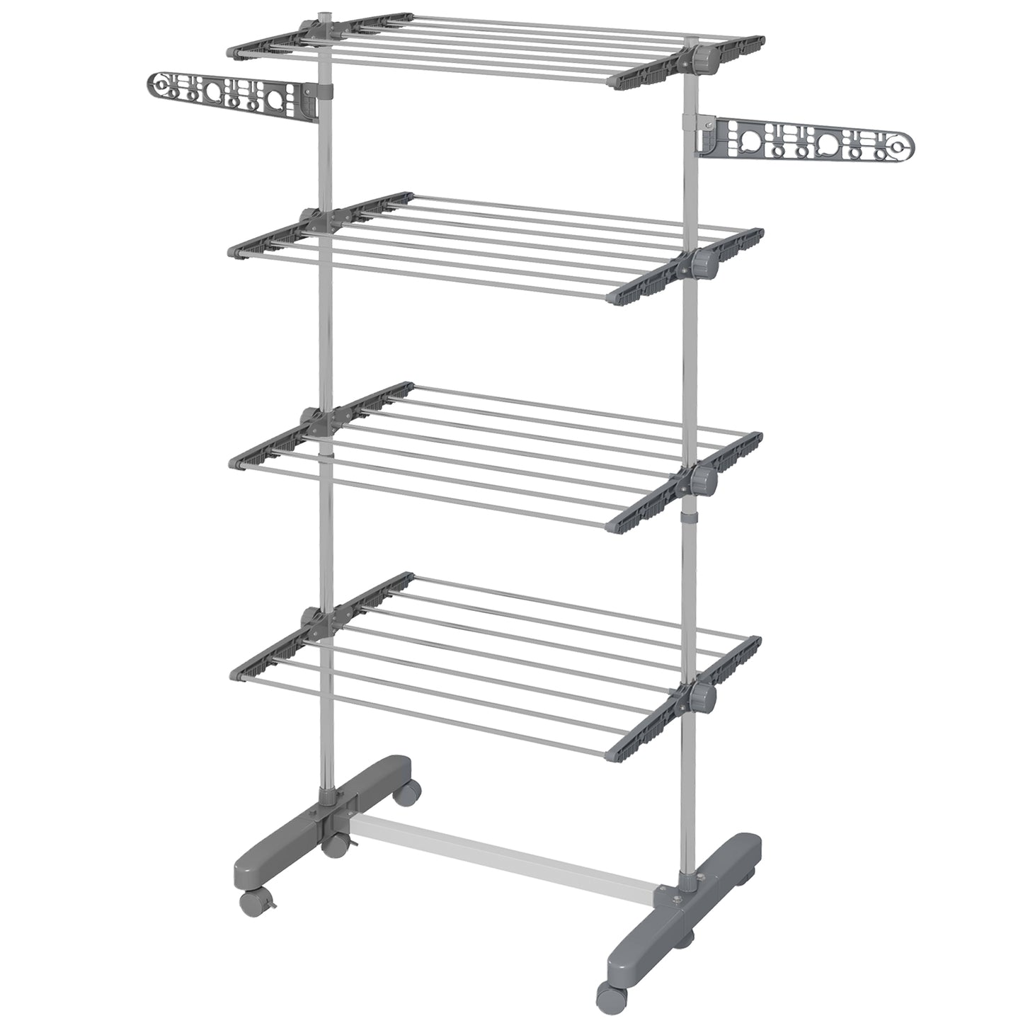 HOMCOM Garment Drying Rack Stainless Steel Folding Clothes Hanging Rack with Side Wings Castors for Indoor Outdoor Grey