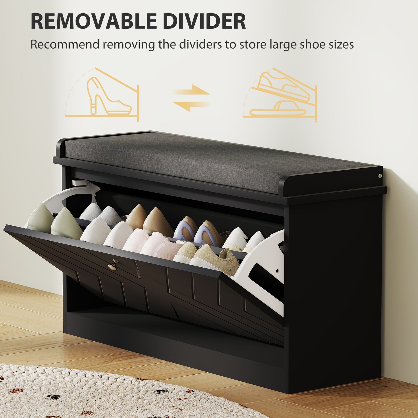 HOMCOM Shoe Storage with Seat, Upholstered Hallway Bench, Shoe Bench with Flip Drawer, Adjustable Shelf for 8 Pairs of Shoes
