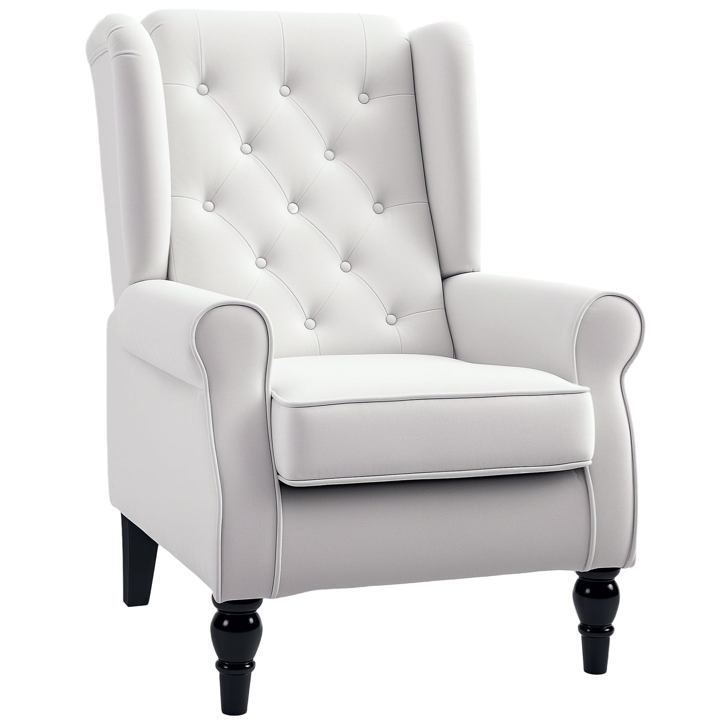 HOMCOM Fabric Accent Chair, Button Tufted Armchair, Upholstered Modern Living Room Chair, Wingback Chair with Wood Legs, Rolled Arms, Thick Padding for Bedroom, White