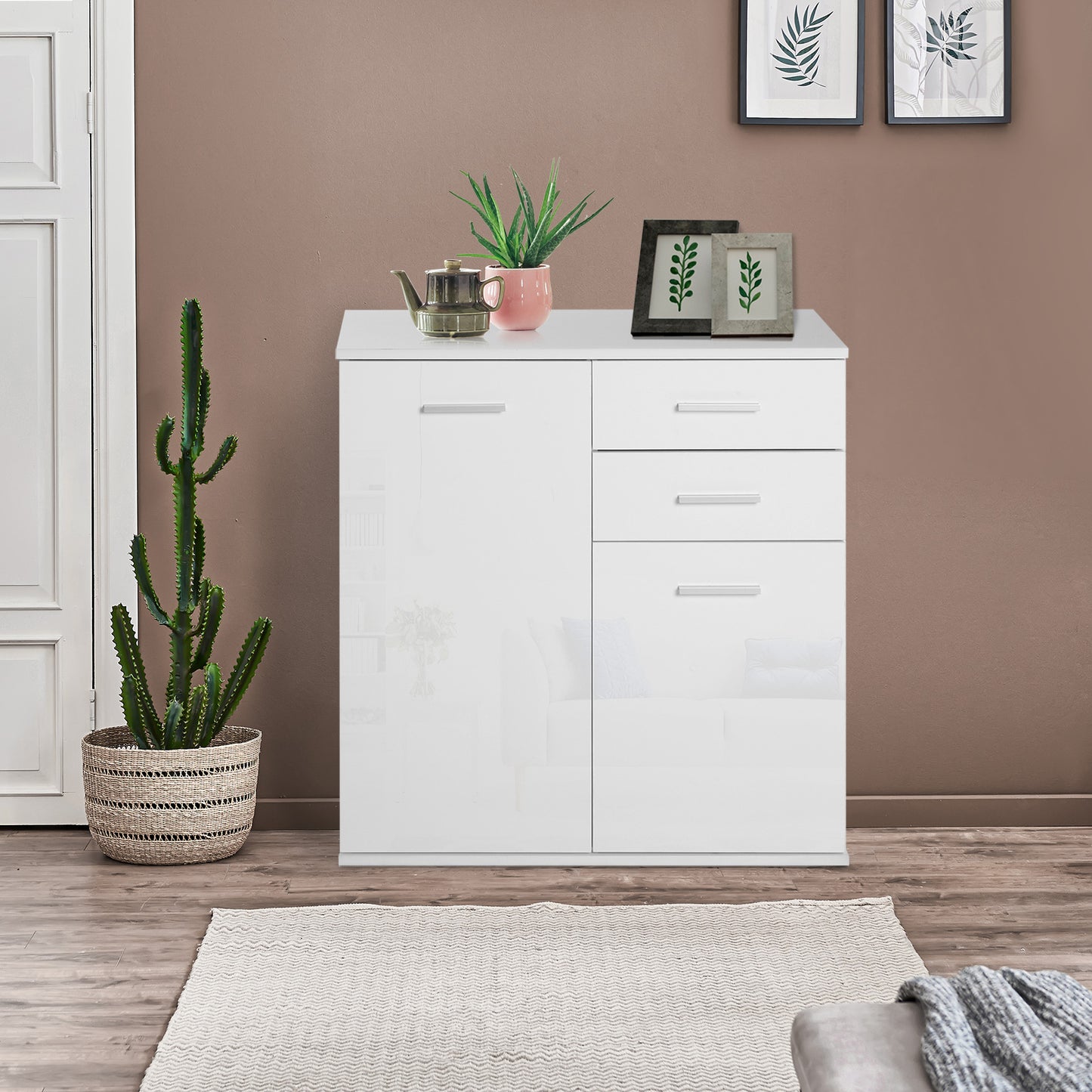 HOMCOM High Gloss Sideboard with 2 Drawers and 2 Doors, Buffet Cabinet with Adjustable Shelf, Coffee Bar Cabinet with Storage, White