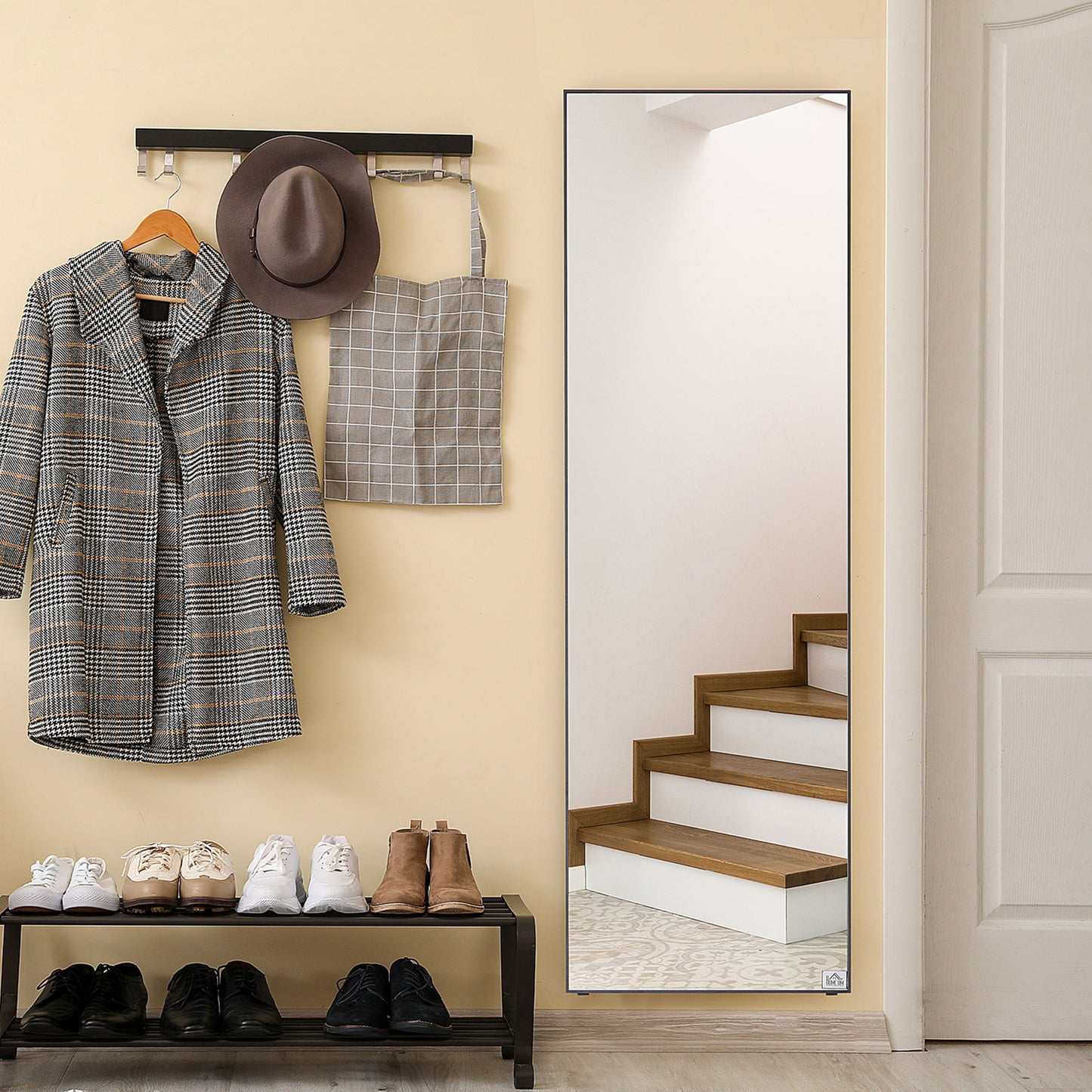 HOMCOM 64"x20" Full Length Mirror, Floor Standing, Wall-Mounted or Leaning Against Wall Tall Mirror w/Support Frame, Rectangular Full Body Mirror for Bedroom, Living Room, Black