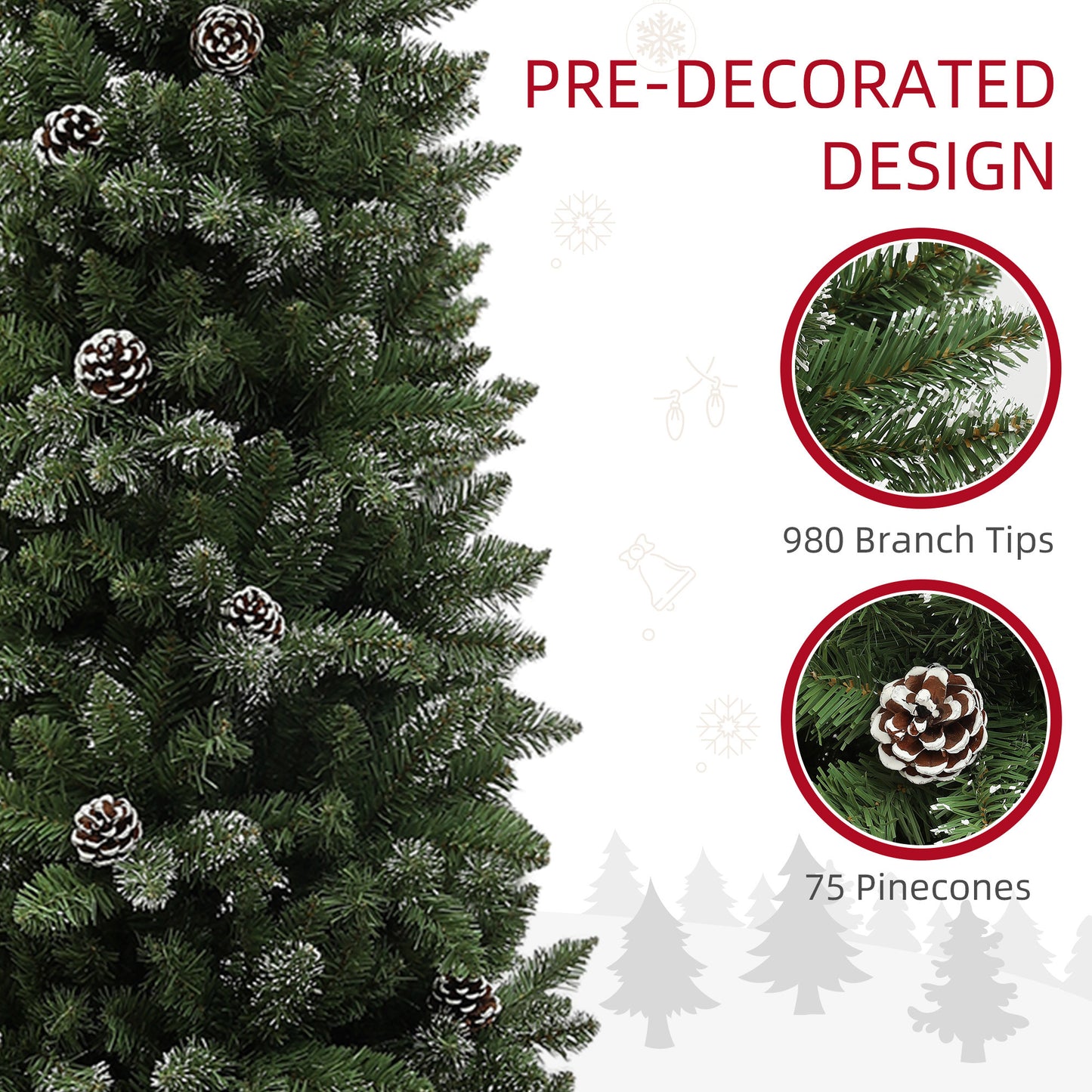 HOMCOM 6ft Artificial Pencil Christmas Tree with 618 Branches, Pinecones, Metal Stand, Realistic Xmas Tree for Home