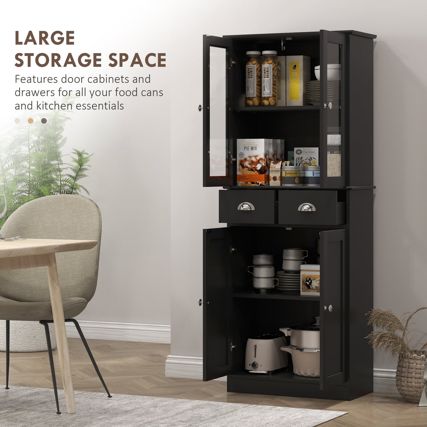 HOMCOM 61" Kitchen Pantry Cabinet, Freestanding Farmhouse Buffet Storage Cabinet with Soft Close Glass Doors and Adjustable Shelves, White