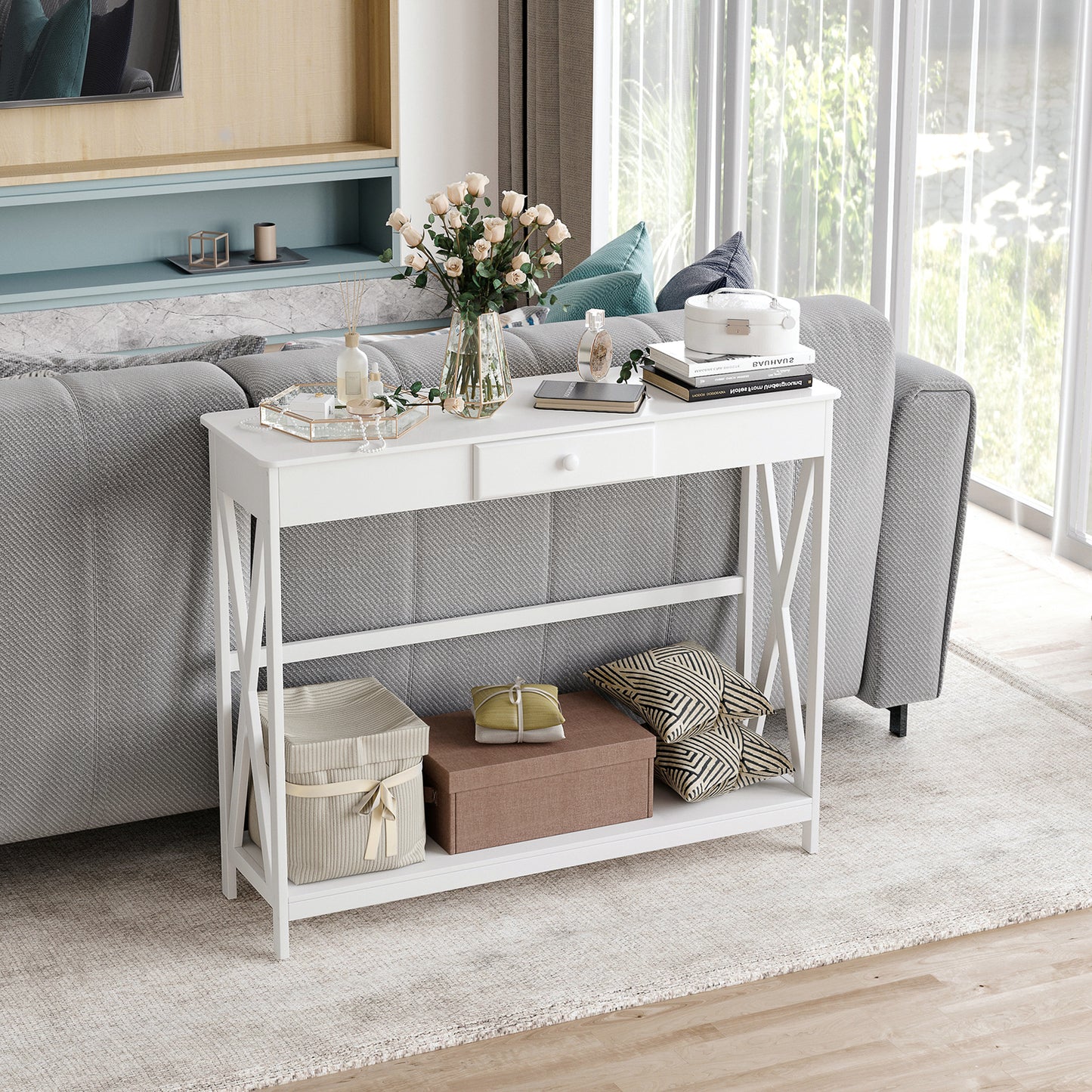 HOMCOM 39" Console Table, 2 Tier X-Design Narrow Entryway Table with Drawer and Storage Shelf for Behind Couch, Living Room, Hallway, White