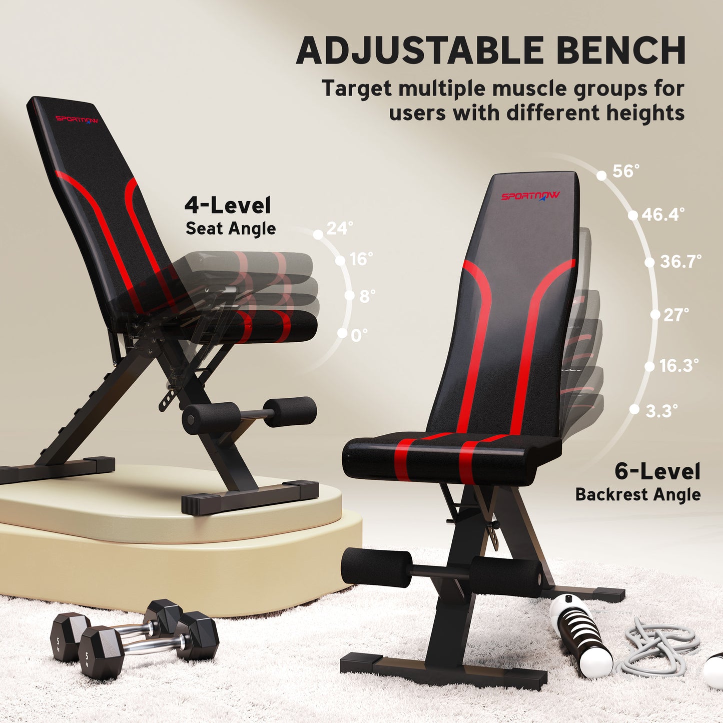 Soozier Adjustable Weight Bench, Foldable Workout Bench with Multi-Angle Seat and Back, Flat or Incline Bench for Home Gym