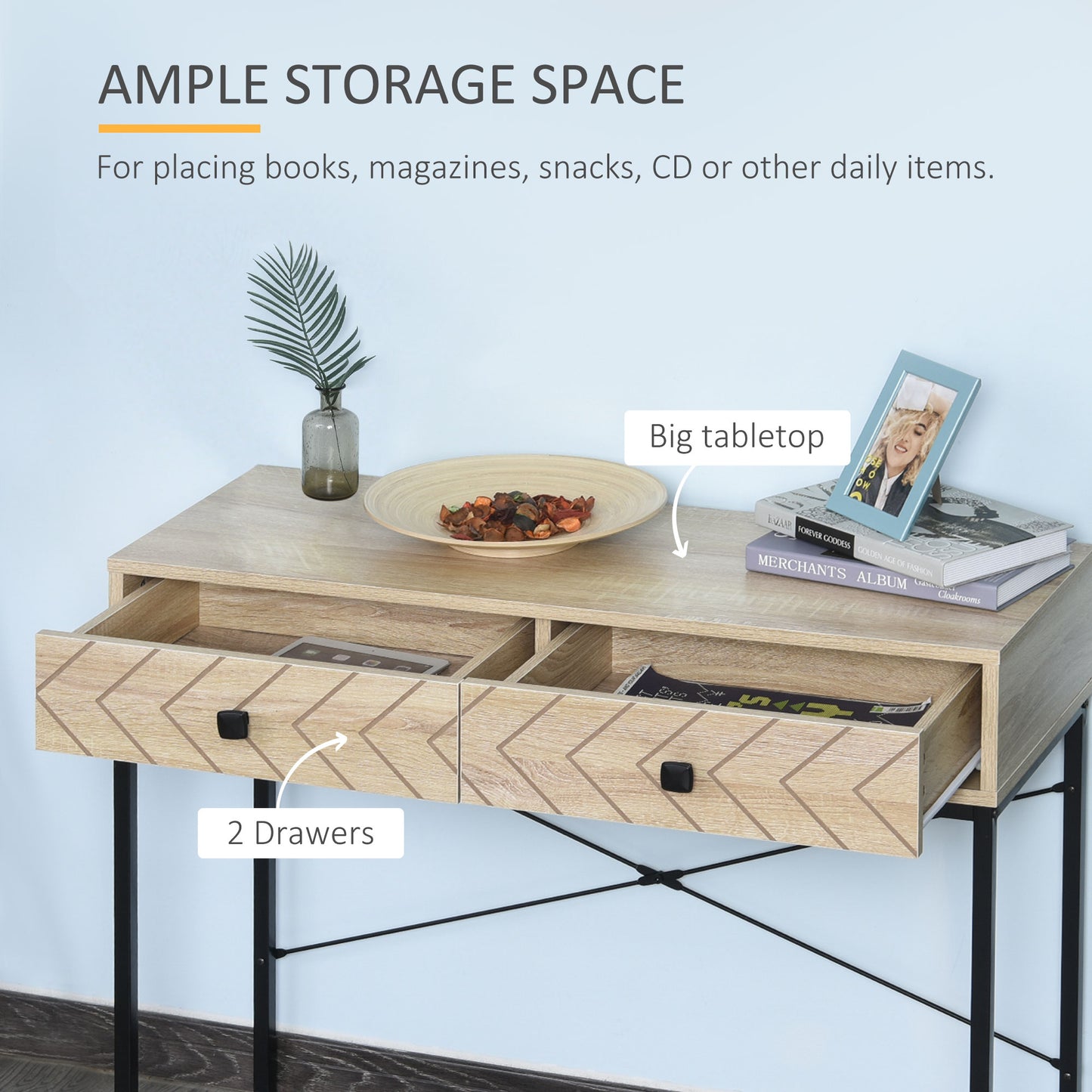 HOMCOM 36" Console Table with 2 Storage Drawers, Narrow Entryway Table with Metal Frame and Back X-Bar for Behind Couch, Living Room, Study Room, Office