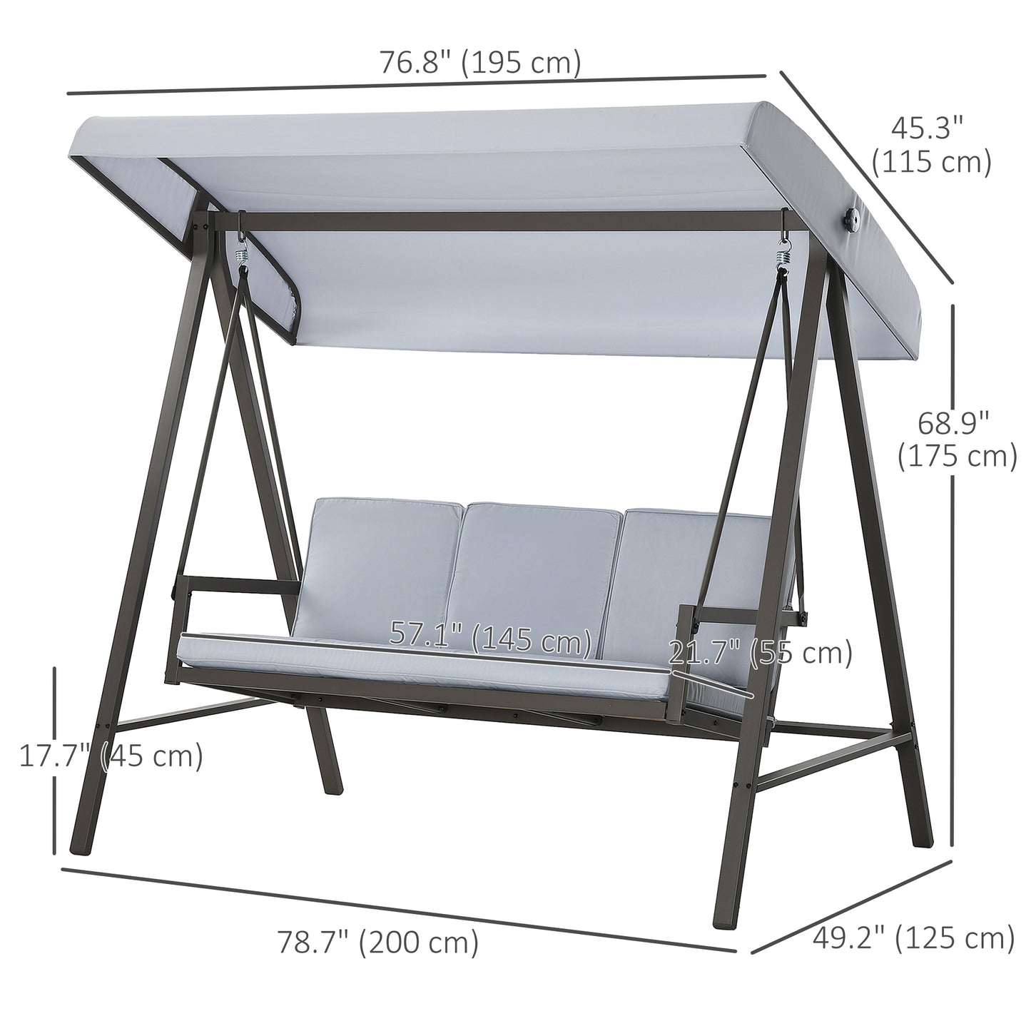 Outsunny 3 Seater Patio Swing Chair, Porch Swing with Adjustable Canopy and Removable Cushions, Outdoor Swing Seat, Beige