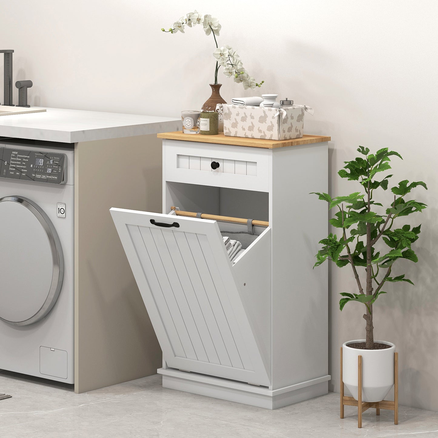 HOMCOM Laundry Cabinet with Removable Basket and Drawer, Tilt-Out Laundry Hamper for Bathroom, Living Room, White