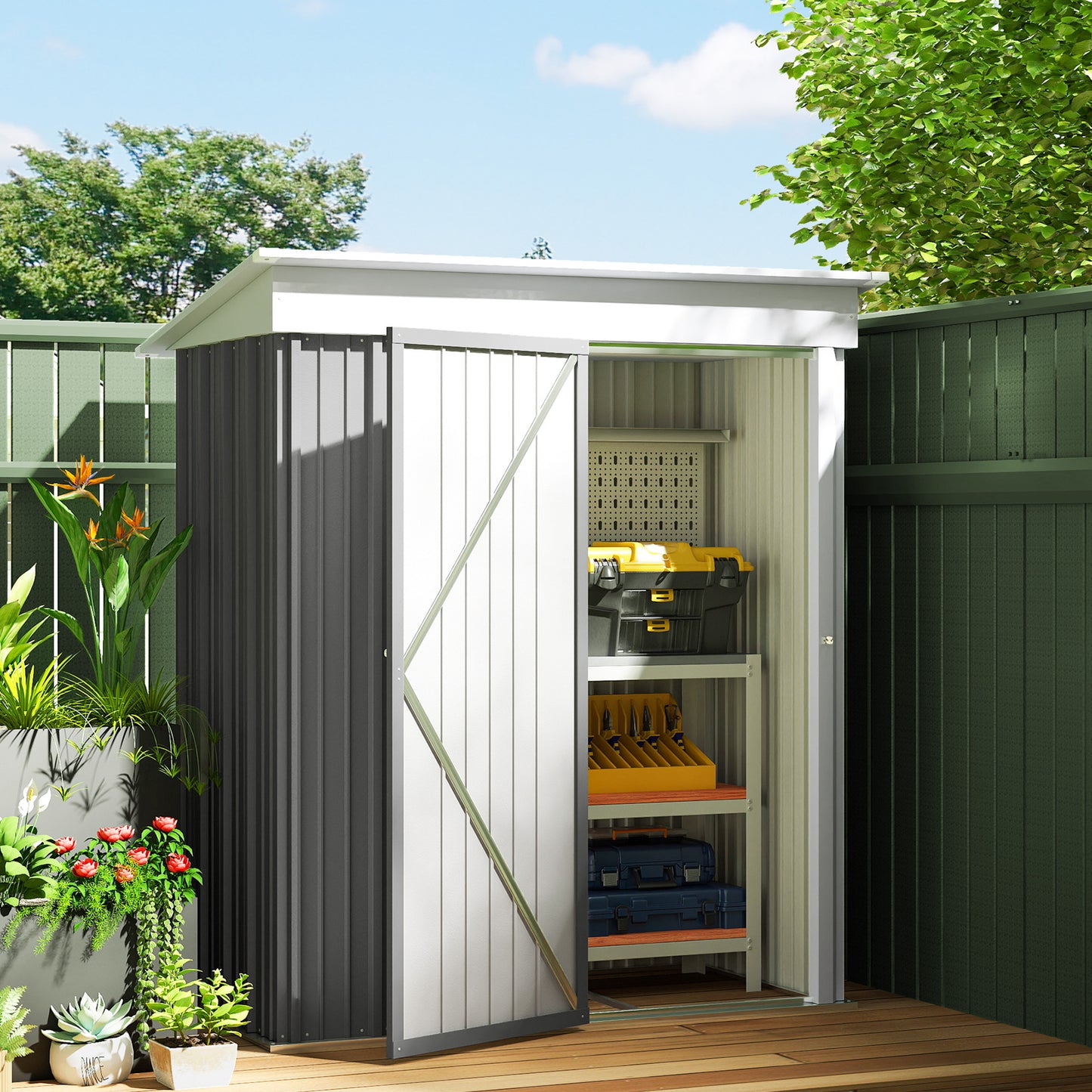 Outsunny Outdoor Storage Shed, Steel Lean-to Shed with Adjustable Shelf, Lock, Gloves, 5'x3'x6', Green