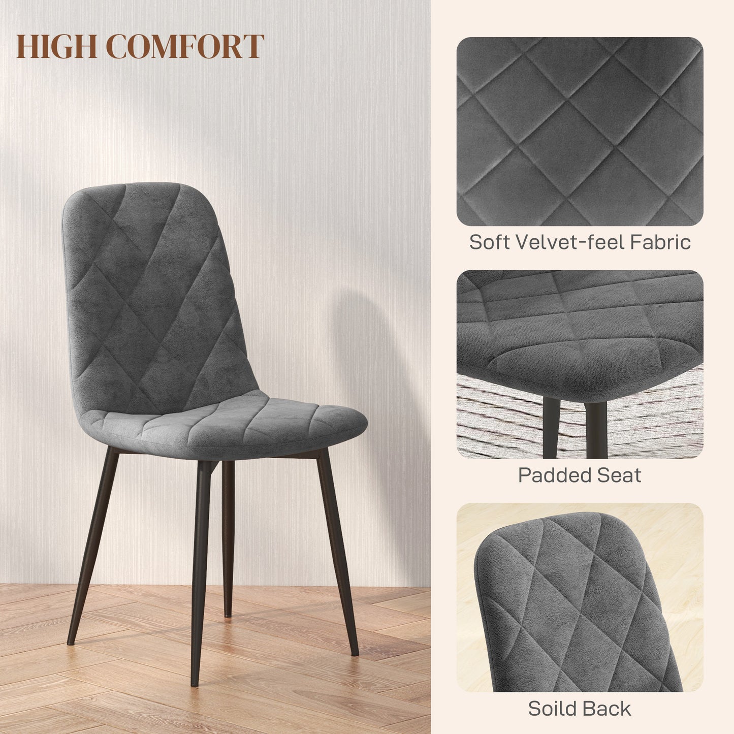 HOMCOM Dining Chairs Set of 4, Upholstered Dining Room Chairs with Steel Legs, Modern Kitchen Chair for Dining Room, Grey