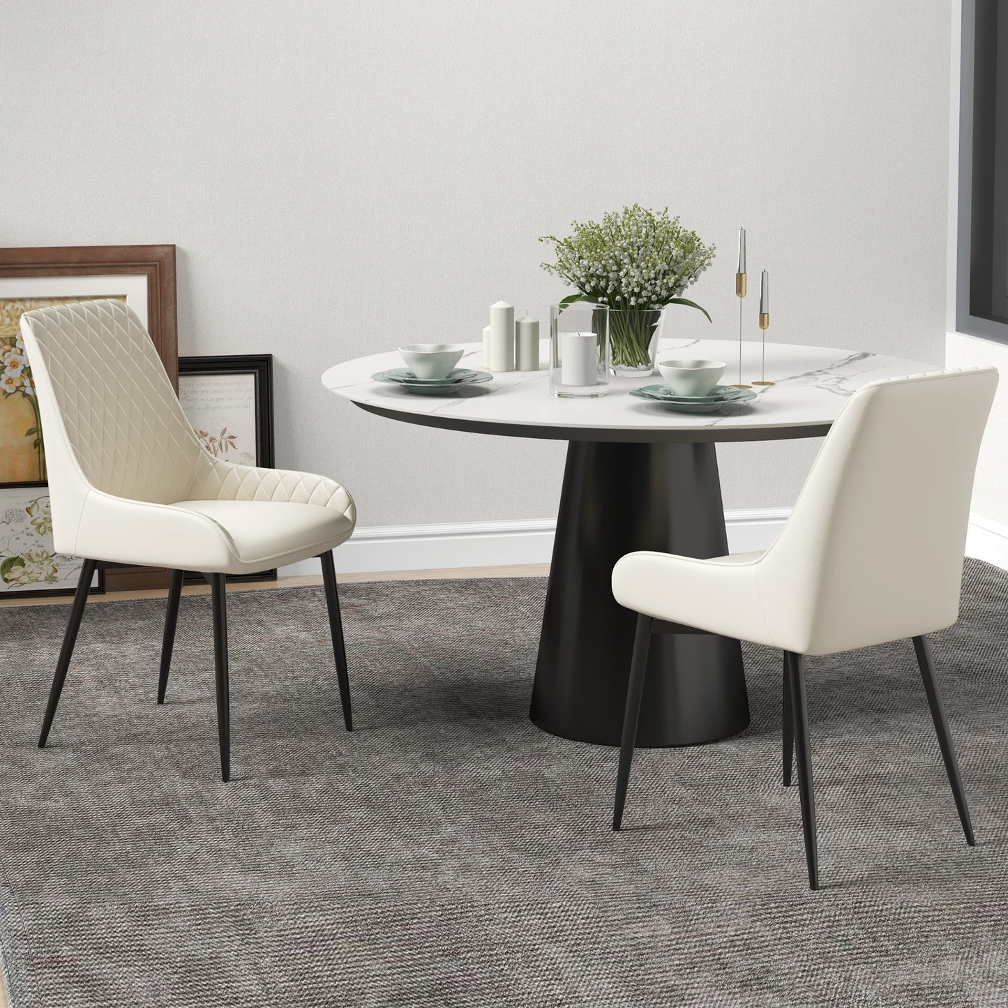 HOMCOM Upholstered Kitchen Chairs, Modern Dining Chairs Set of 2 with Diamond Tufting and Steel Legs for Dining Room, Black