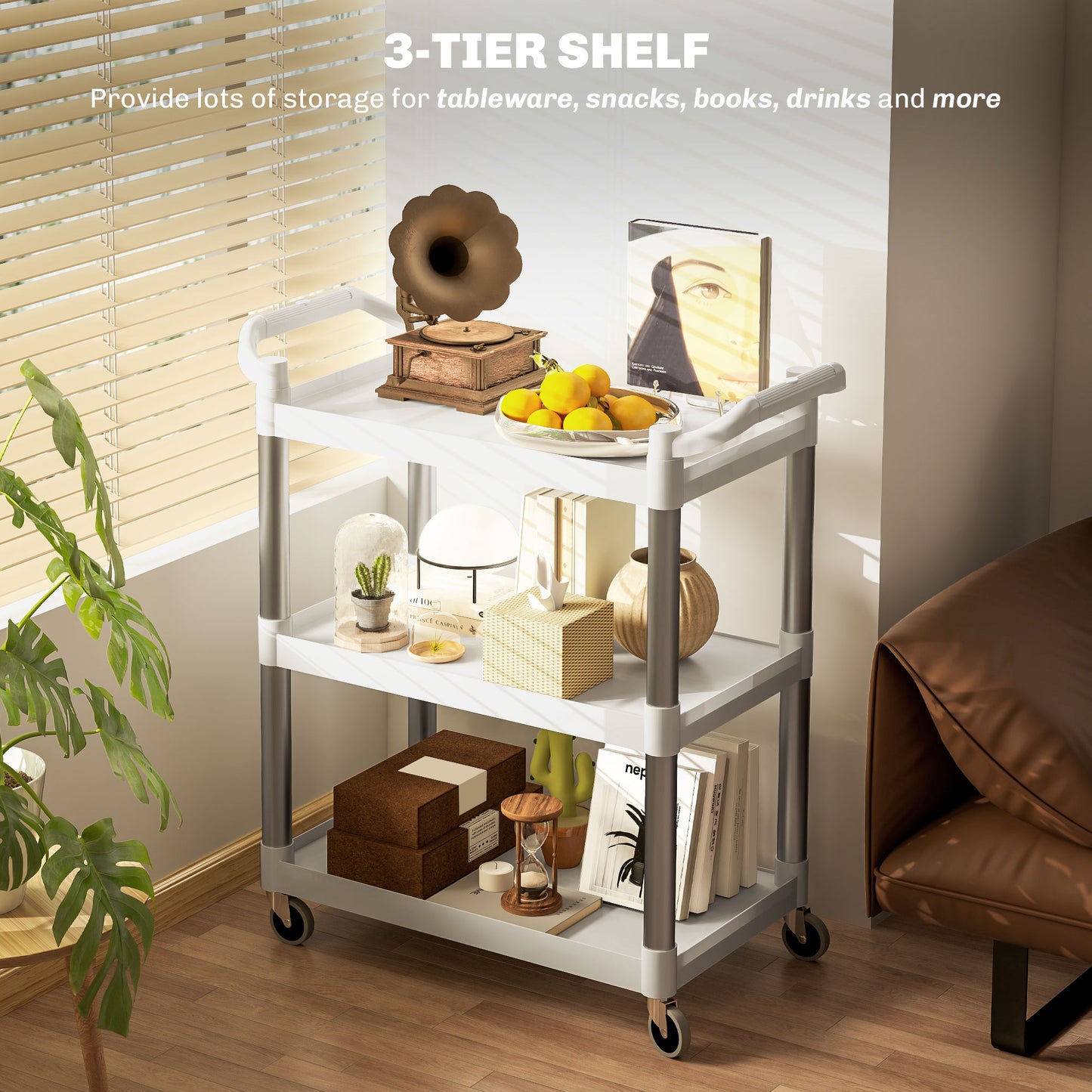 HOMCOM 3-Tier Utility Cart Large Rolling Storage Trolley with 3 Shelves Metal Clean Service Cart, Restaurant, Hotel, Livingroom, Silver and Grey