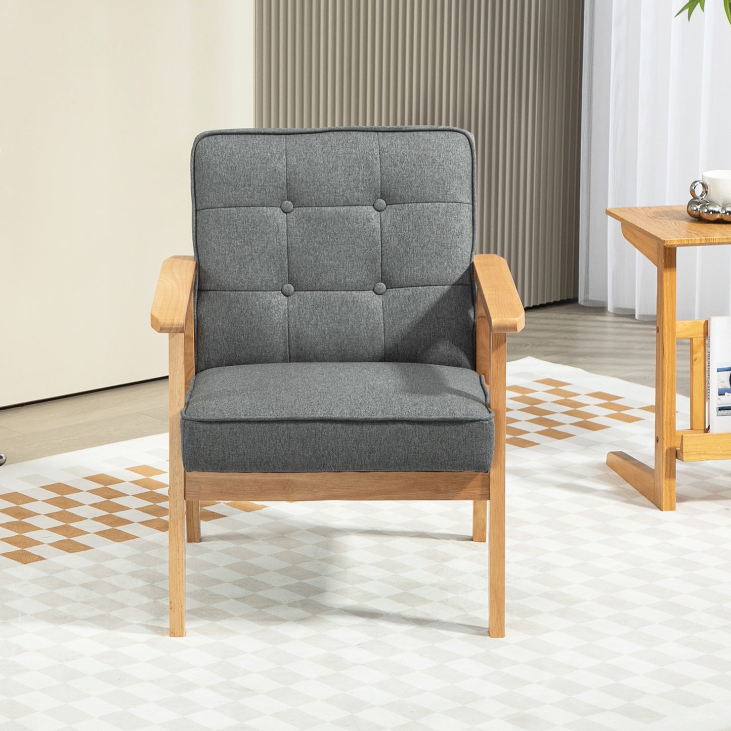 HOMCOM Modern Accent Chair with Button Tufted Back, Line-feel Fabric Armchair with Solid Wood Frame for Bedroom, Grey