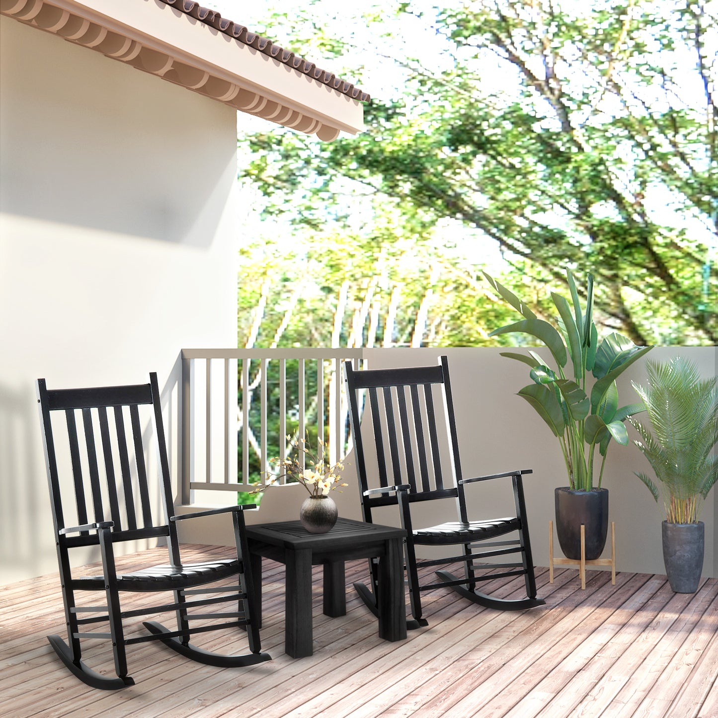 Outsunny Wooden Porch Rocking Chair Outdoor Patio Rocker Garden Single Leisure Reclining Seat Armchair Black