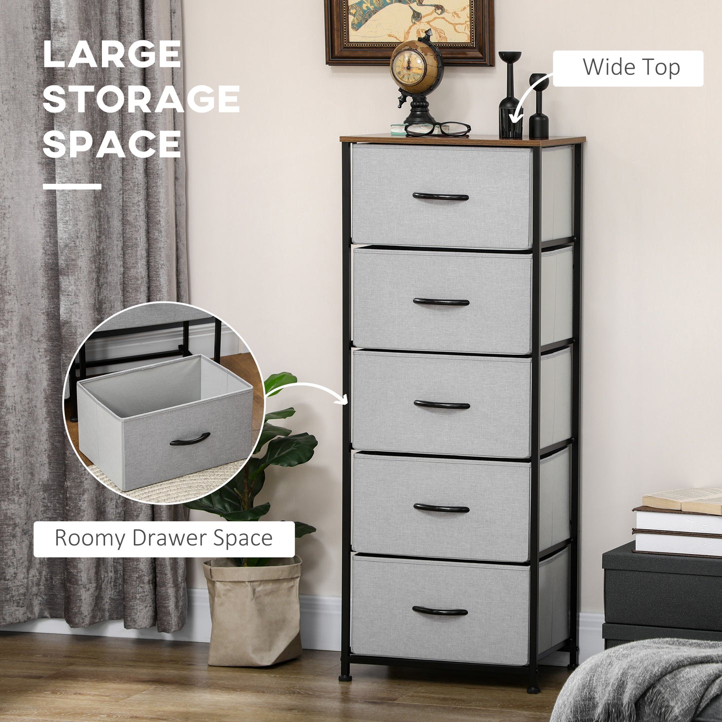 HOMCOM 5 Drawer Dresser for Bedroom, Tall Fabric Chest of Drawers with Steel Frame, Wood Grain Top and Handles, Grey