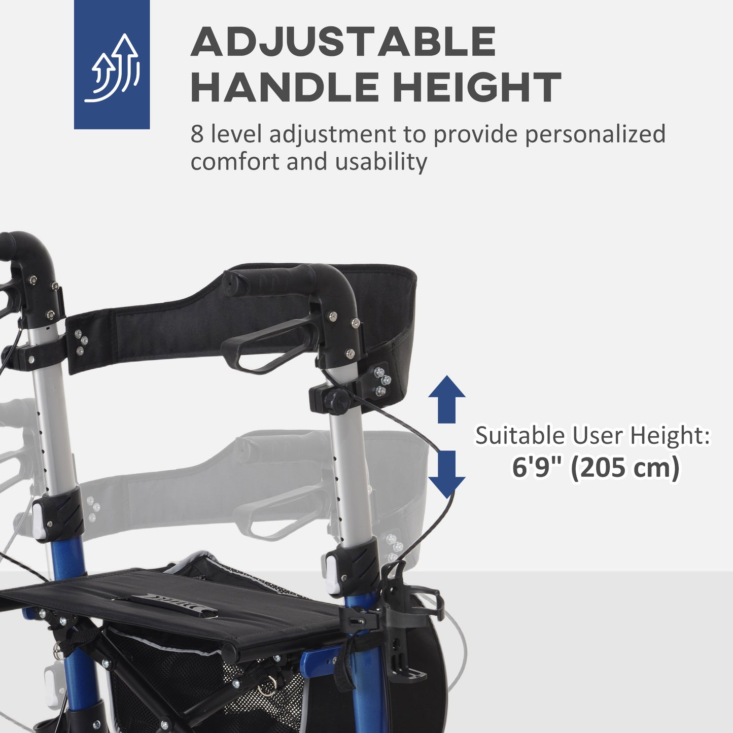 HOMCOM Lightweight Folding Rolling Walker with Large Seat, Back, Adjustable Handle, Bag, Dual Brake, Cane Holder, Red