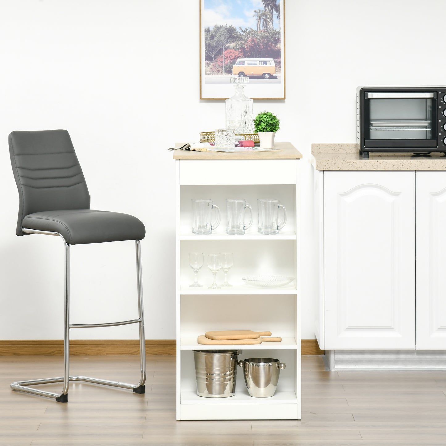 HOMCOM Bar Table, High Top Pub Table with 4 Storage Shelves, Modern Bar Height Table for Home Bar, Kitchen, Grey