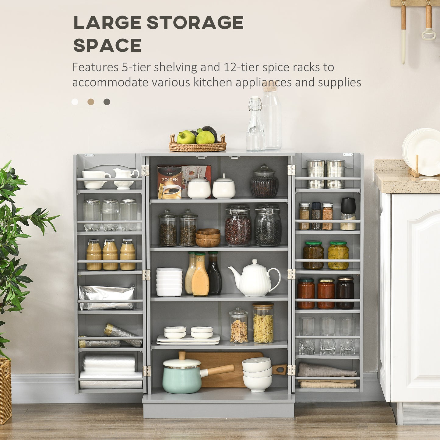 HOMCOM 41" Storage Cabinet, 2-Door Kitchen Pantry Cabinet with 5-tier Shelving, 12 Spice Racks and Adjustable Shelves, Grey
