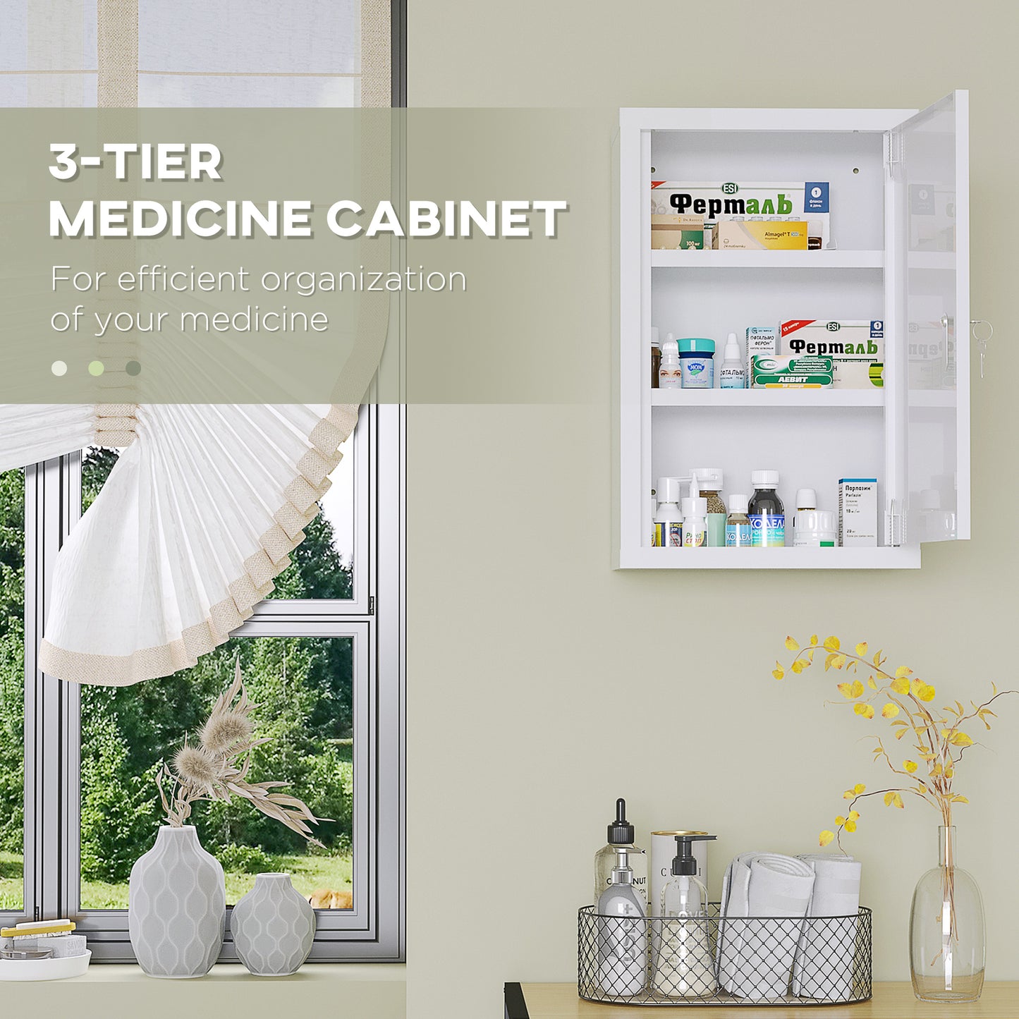 kleankin Lockable Medicine Cabinet, 3 Tier Steel Medical Wall Box with 2 Keys and Shelves for Bathroom, White