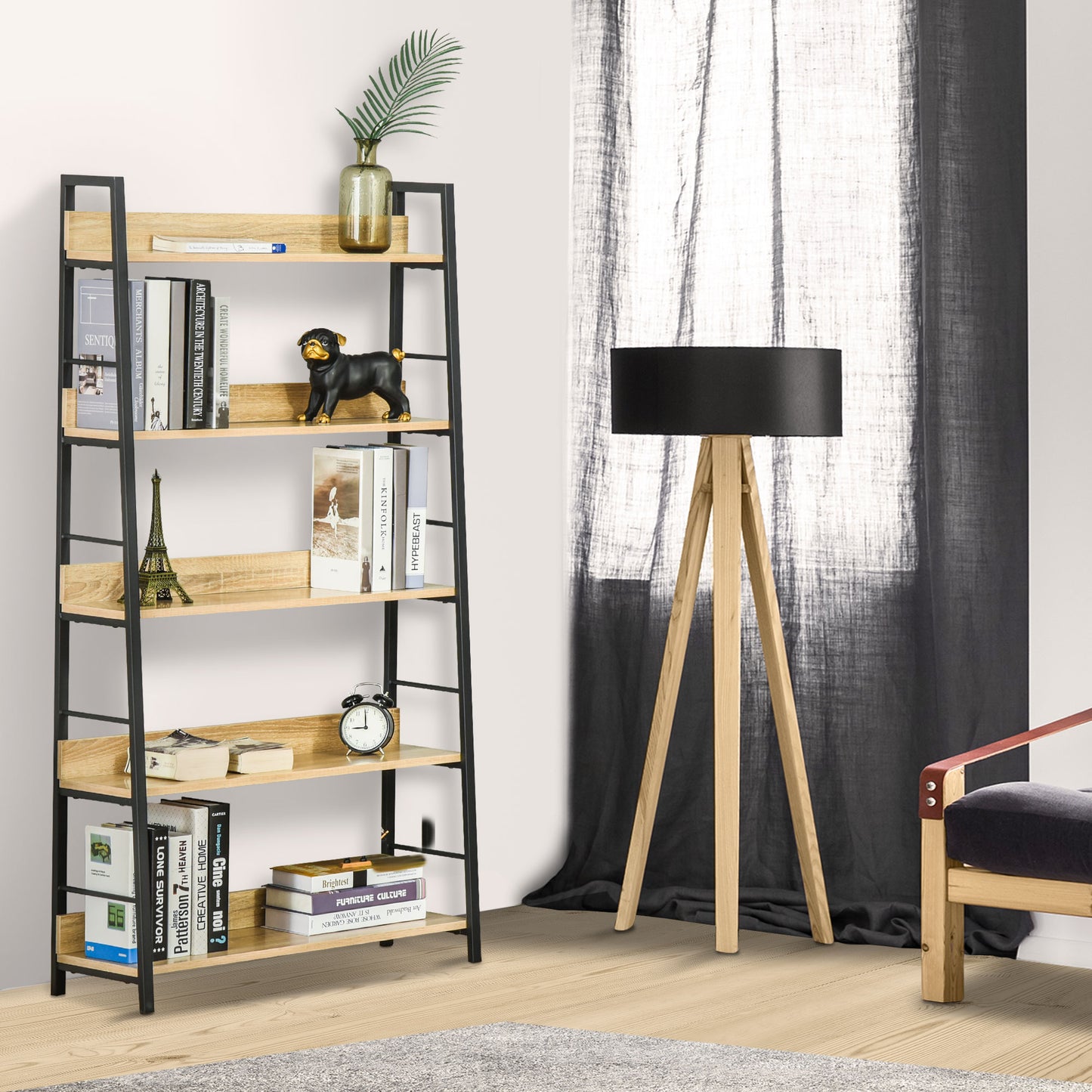 HOMCOM Modern Bookshelf Storage with 5-Tier Wide Shelving, Metal Frame, Wooden Bookcase for Living Room Library Home Furniture, Black