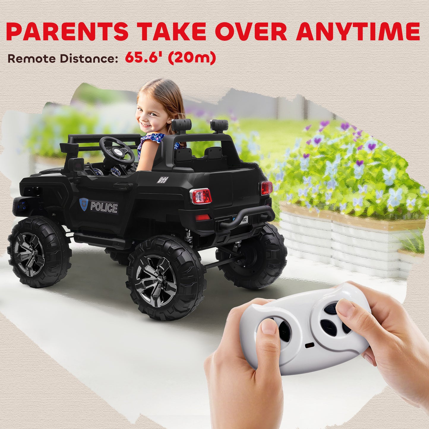Aosom Kids Ride-On Car 12V RC 2-Seater Police Truck Electric Car For Kids with Full LED Lights, MP3, Parental Remote Control (White)
