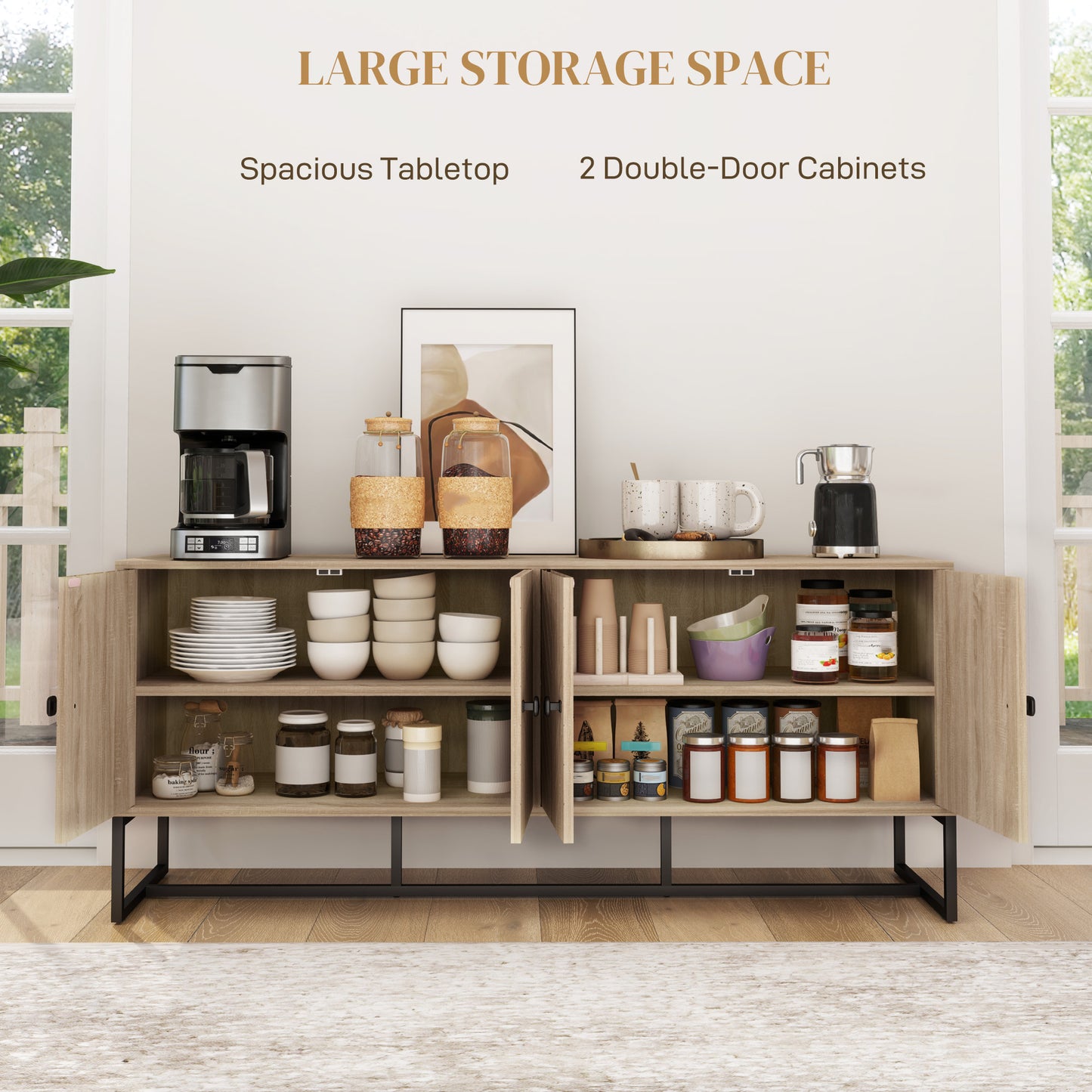 HOMCOM Sideboard Buffet Cabinet with 2 Adjustable Shelves and Steel Base, TV Stand, Coffee Bar Cabinet for Living Room, Oak