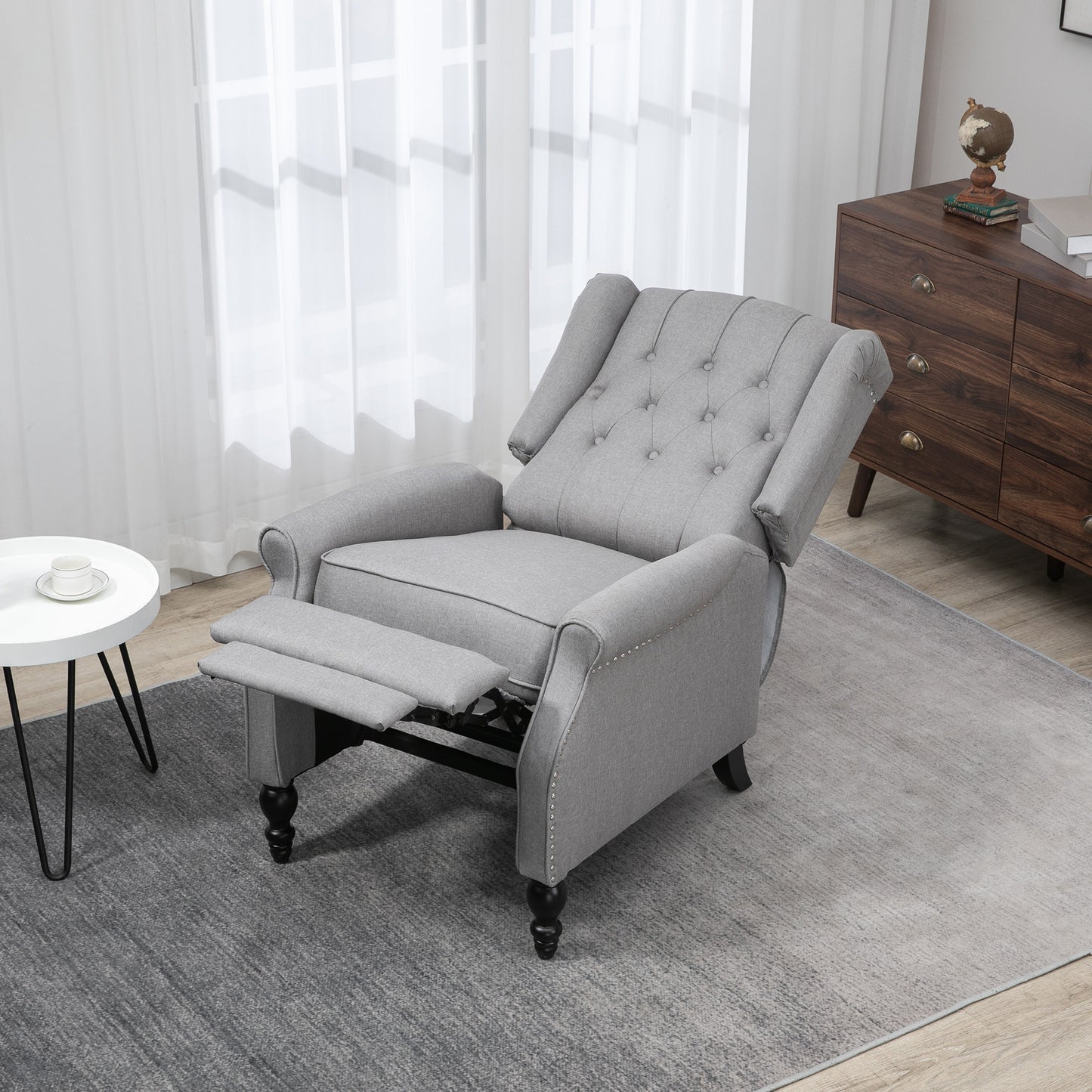 HOMCOM Wingback Reclining Chair with Footrest, Button Tufted Recliner Chair with Rolled Armrests for Living Room, Light Grey
