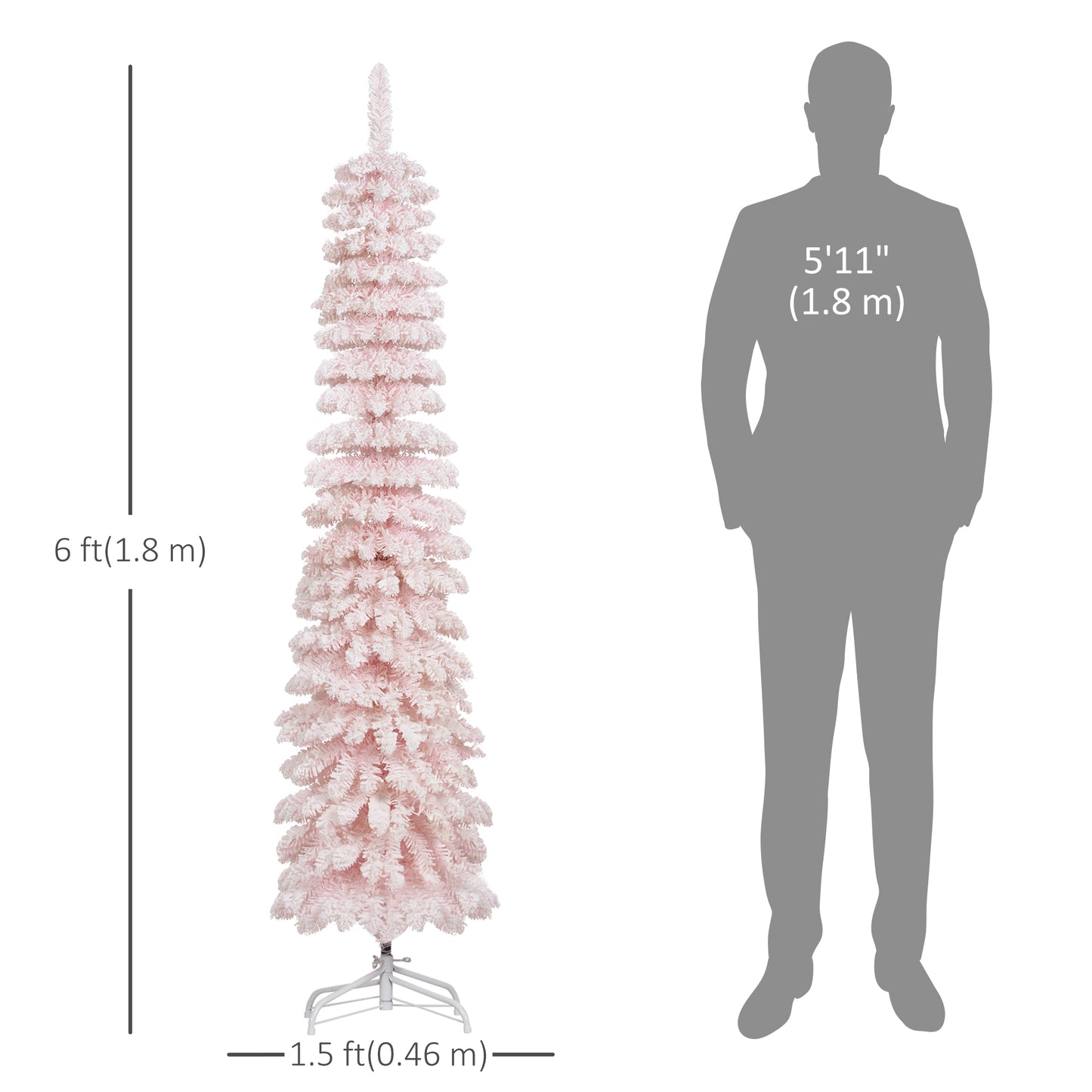 HOMCOM 5ft Snow-Flocked Artificial Christmas Tree, Slim Pencil Xmas Tree with 301 Realistic Branches, Metal Base, Pink
