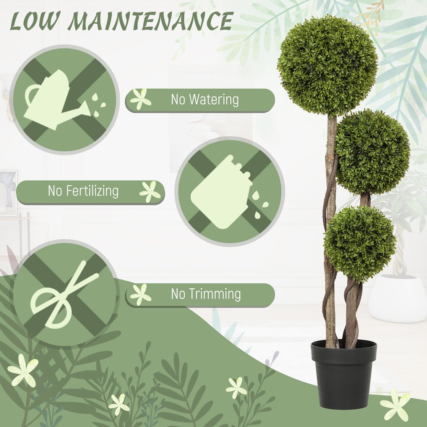 HOMCOM 3FT Potted Fake Plant, Artificial Boxwood Topiary Tree, Triple Ball Tree for Indoor and Outdoor, Green