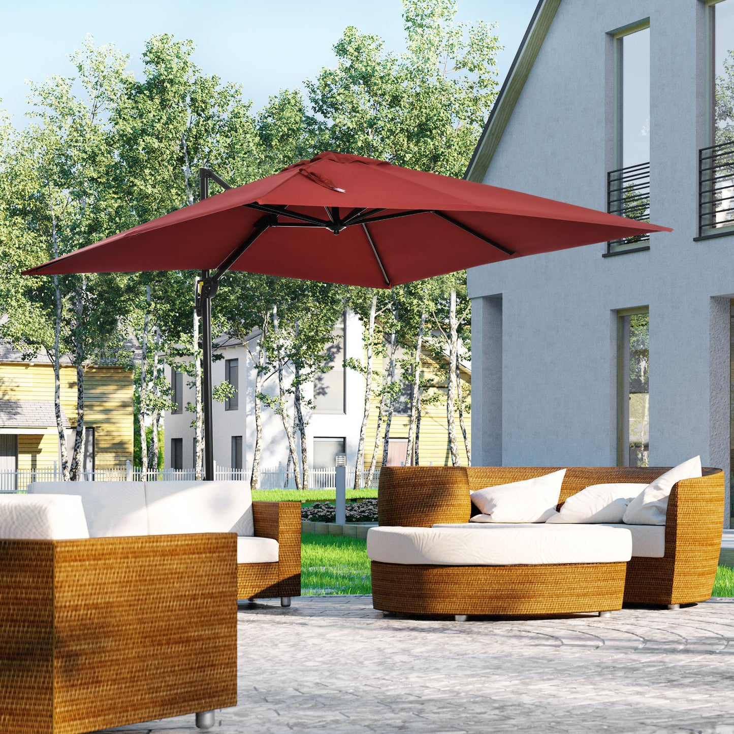 Outsunny 8' x 8' Square Patio Hanging Offset Umbrella with 360° Rotation, Aluminum Outdoor Cantilever Parasol with Crank & Tilt, Sun Canopy Shelter with Cross Base, Wine Red