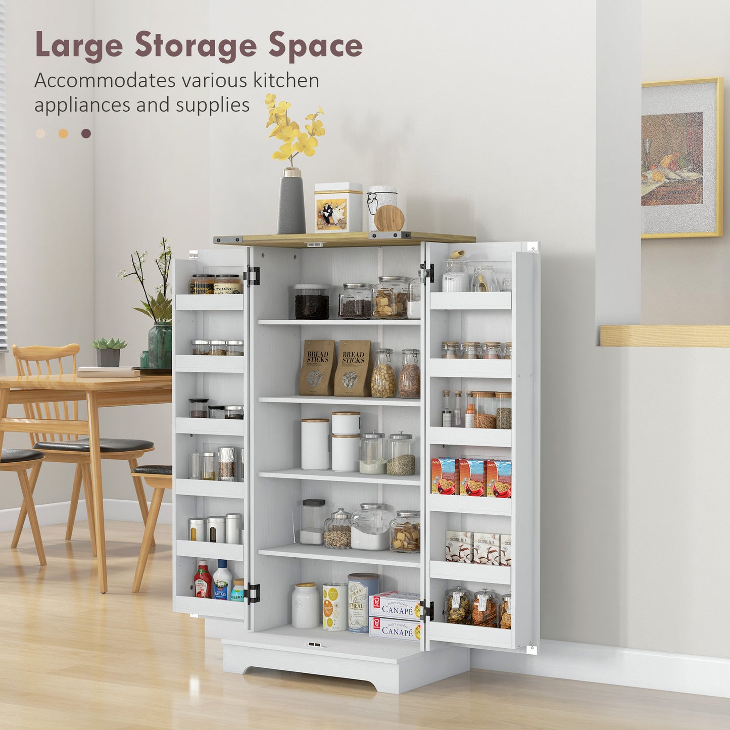 HOMCOM Farmhouse Kitchen Pantry Storage Cabinet, Kitchen Pantry Cabinet with Doors and Adjustable Shelves, Cream White