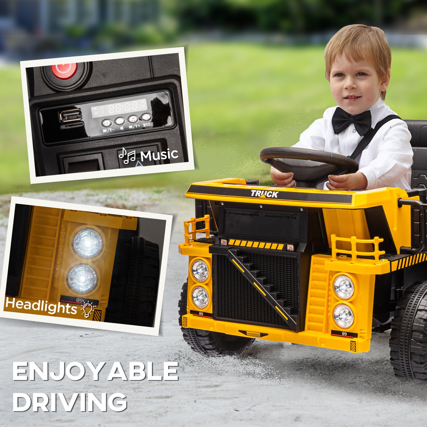 Qaba 12V Kids Ride On Dump Truck Construction Vehicle w/ Electric Dump Bed, Shovel, Spring Suspension Wheels