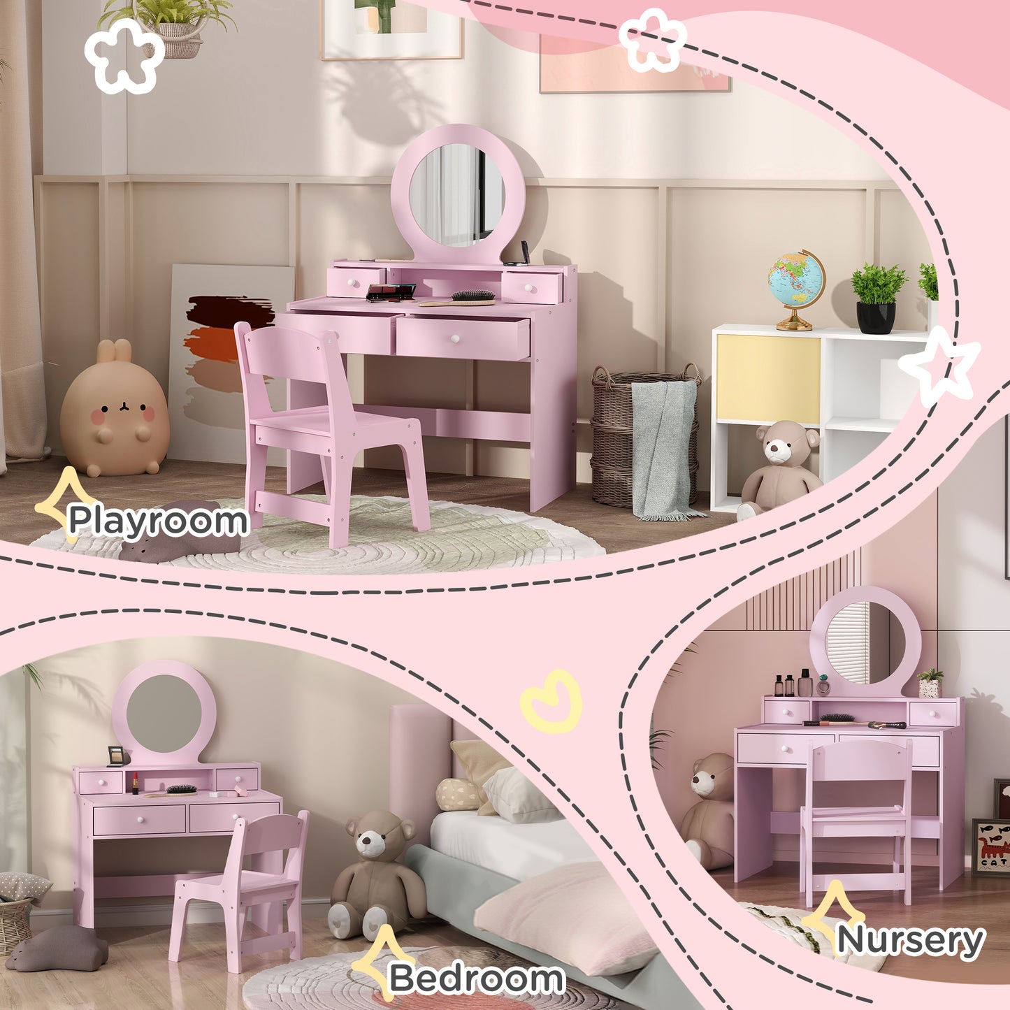 Qaba Kids Vanity Set, Dual-Use Dressing Table with Removable Tri-Folding Mirror and Drawer, for Ages 3-8, Pink