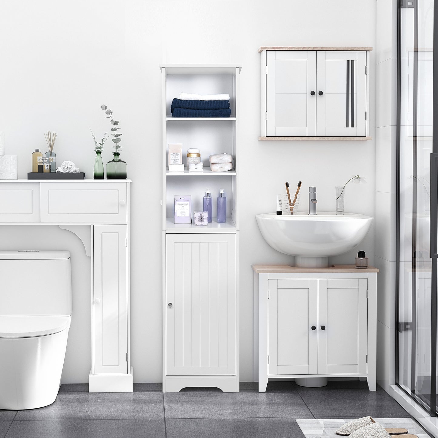 kleankin Tall Bathroom Storage Cabinet, Freestanding Tower Cabinet with Adjustable Shelf, 3 Open Shelves, White