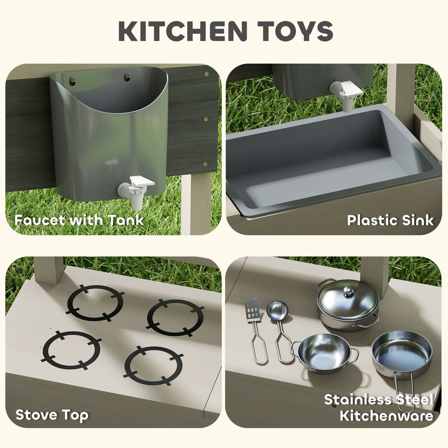 Outsunny Kids Sandbox with Cover Kitchen Playset Toys, Wooden Sand Box with Seat, Storage, for 3-7 Years Old, Grey