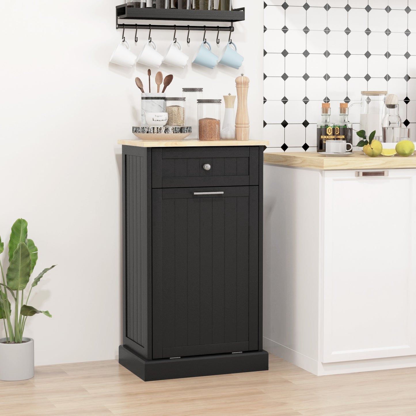 HOMCOM Kitchen Tilt Out Trash Bin Cabinet, Free Standing Recycling Cabinet, Trash Can Holder with Drawer, White