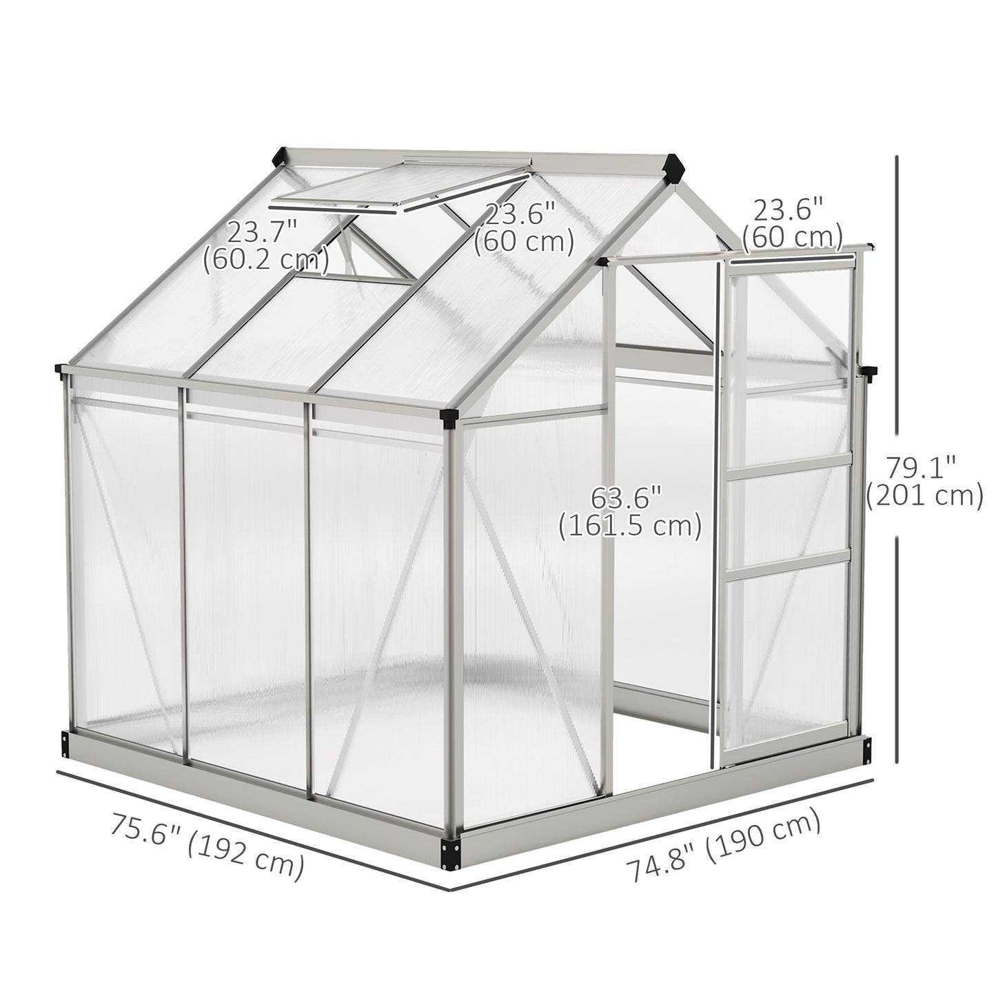 Outsunny 6.2' x 6.3' x 6.6' Clear Polycarbonate Greenhouse, Large Walk-In Green House Garden, Plants Grow, Galvanized Sheet Frame w/ Slide Door
