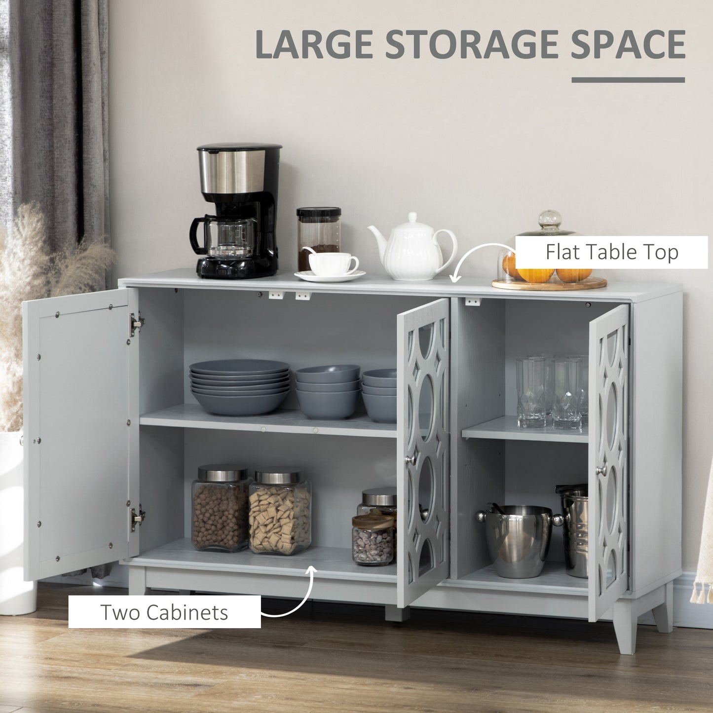 HOMCOM Sideboard Kitchen Buffet Table with 3 Mirrored Doors, 2 Cabinets and Adjustable Shelf, Gray
