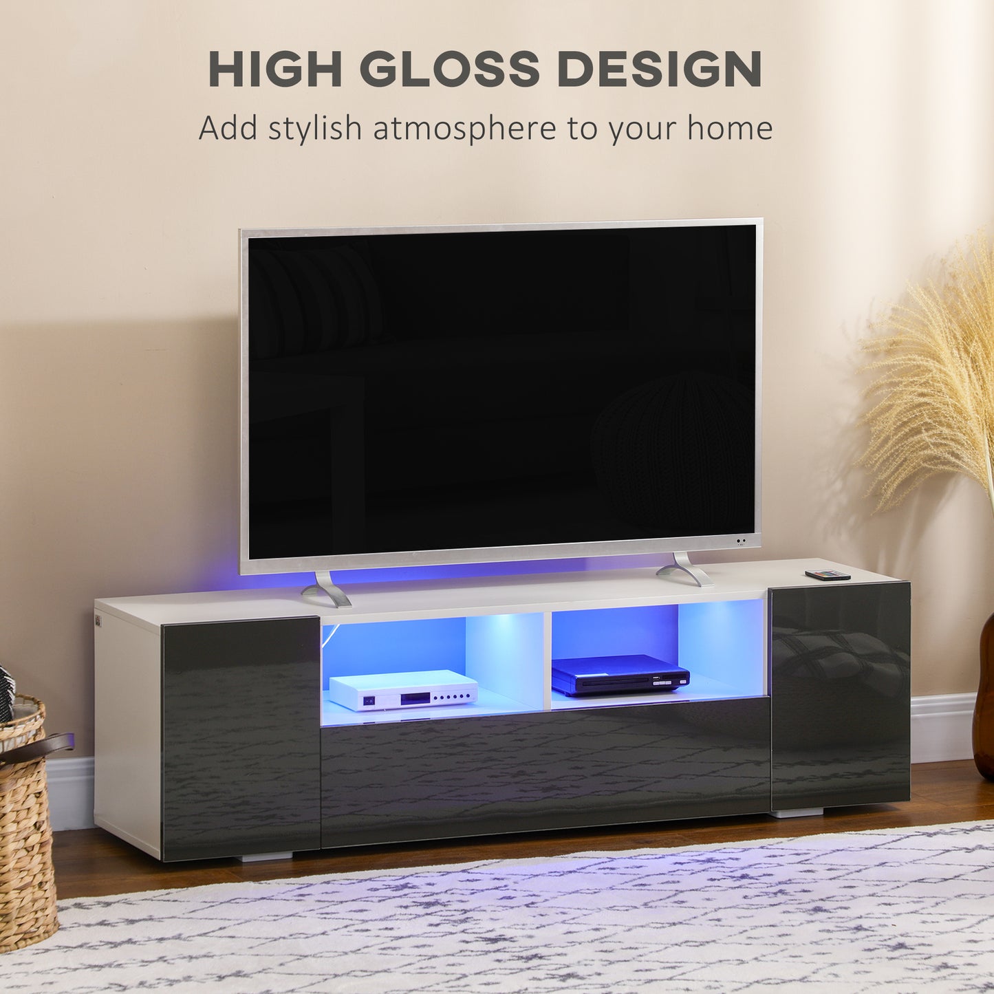 HOMCOM TV Stand for TVs up to 60", TV Unit with LED Lights, Storage Shelves and Cupboards, 53.9" x 13.8" x 16.5", Grey