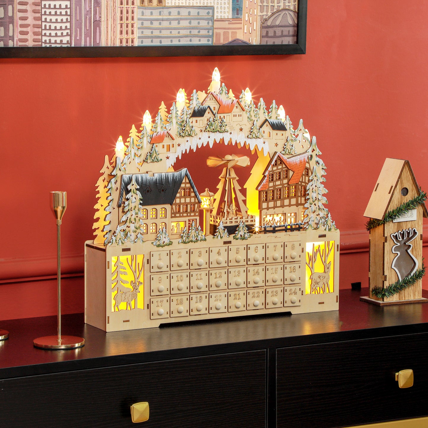 HOMCOM Wooden Christmas Advent Calendar, Lighted 24 Days Xmas Calendar House, Christmas Table Decoration with Countdown Drawers, Bible Characters, Battery Operated, Natural