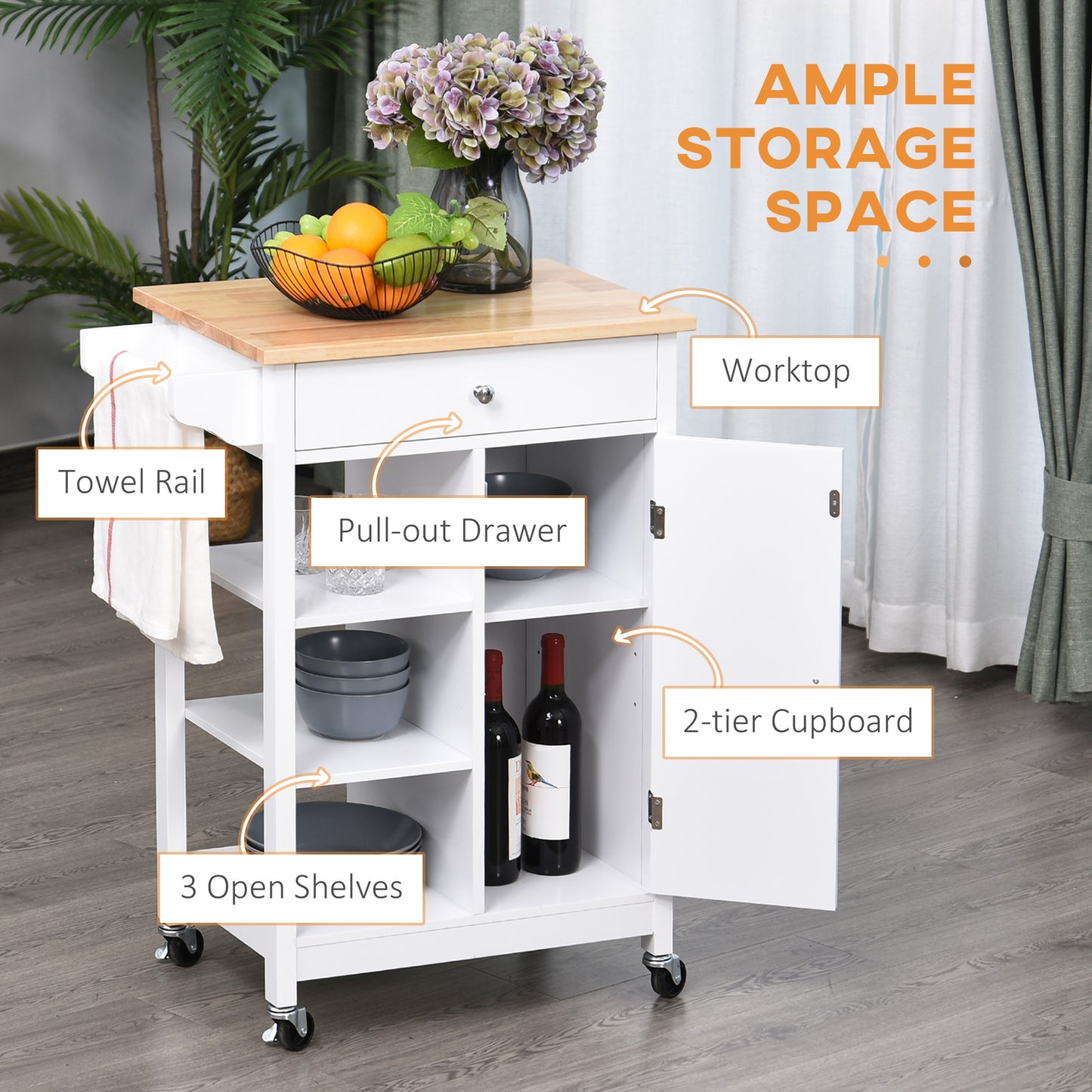 HOMCOM Modern Rolling Kitchen Island Cart with Drawer, Natural Wood Top, Towel Rack, Door Storage Cabinet, White