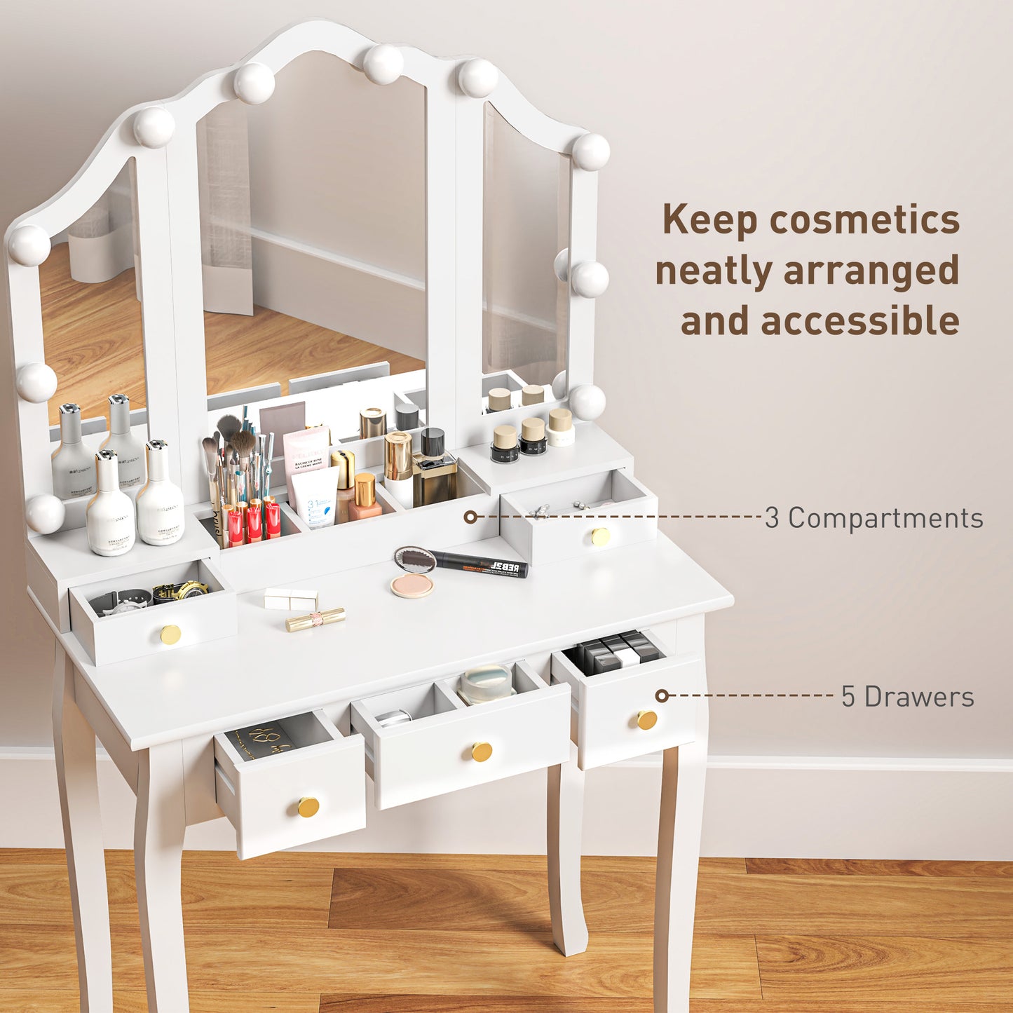 HOMCOM Makeup Vanity Desk with Mirror and Stool, Vanity Set with 10 LED Lights, 5 Drawers and 3 Compartments, White