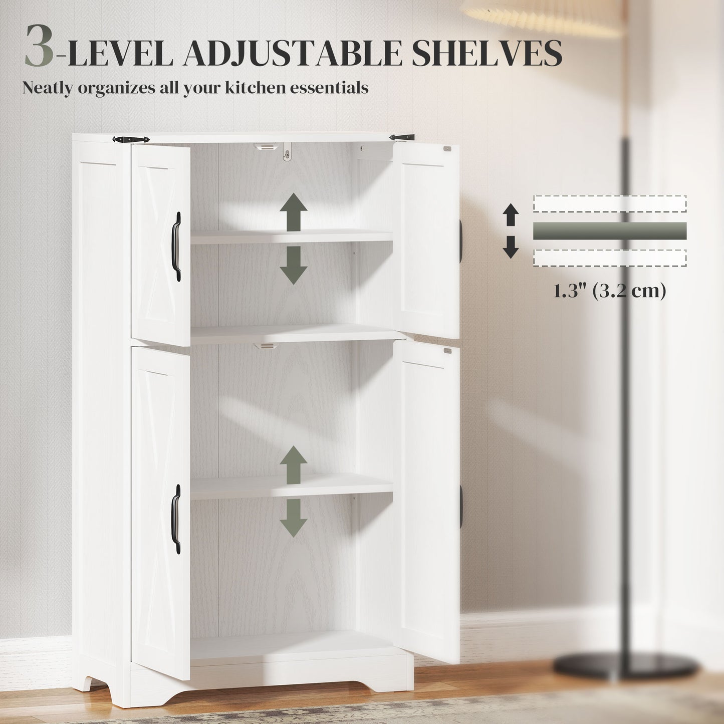 HOMCOM Farmhouse Kitchen Pantry, Freestanding Kitchen Pantry Storage Cabinet with Barn Doors and Adjustable Shelves, Grey